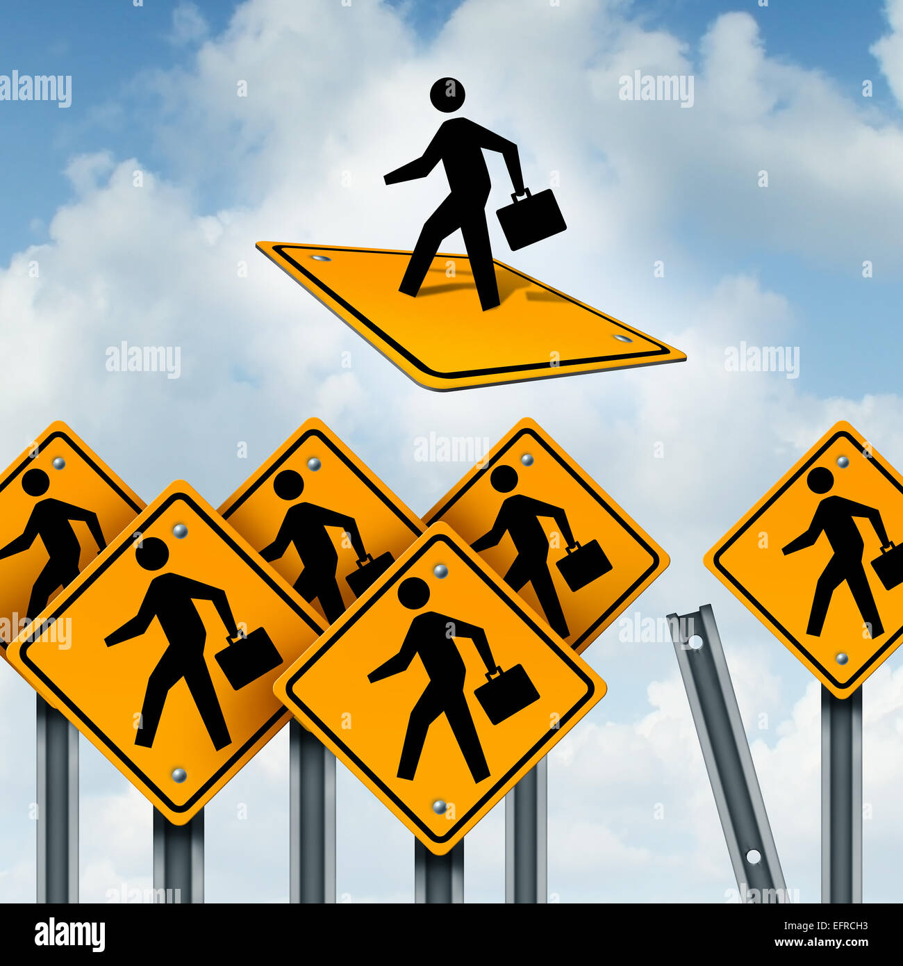 Winner concept and leader of business competition as a group of road signs with workers and an ambitious individual breaking Stock Photo