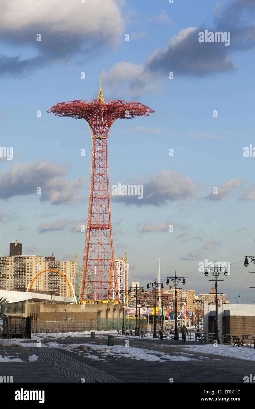 Winter on the Boardwalk at Coney Island with the ever present Parachute Jump piercing the sky. Stock Photo