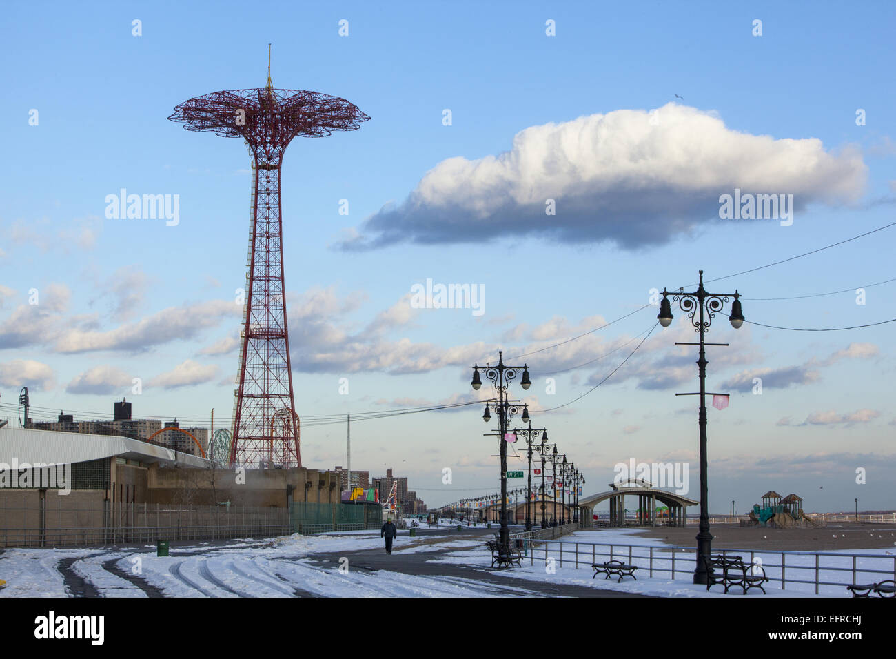 Winter on the Boardwalk at Coney Island with the ever present Parachute Jump piercing the sky. Stock Photo