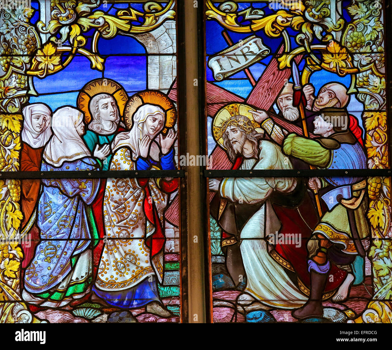Stained Glass window depicting Jesus and Mary on the Via Dolorosa, in ...