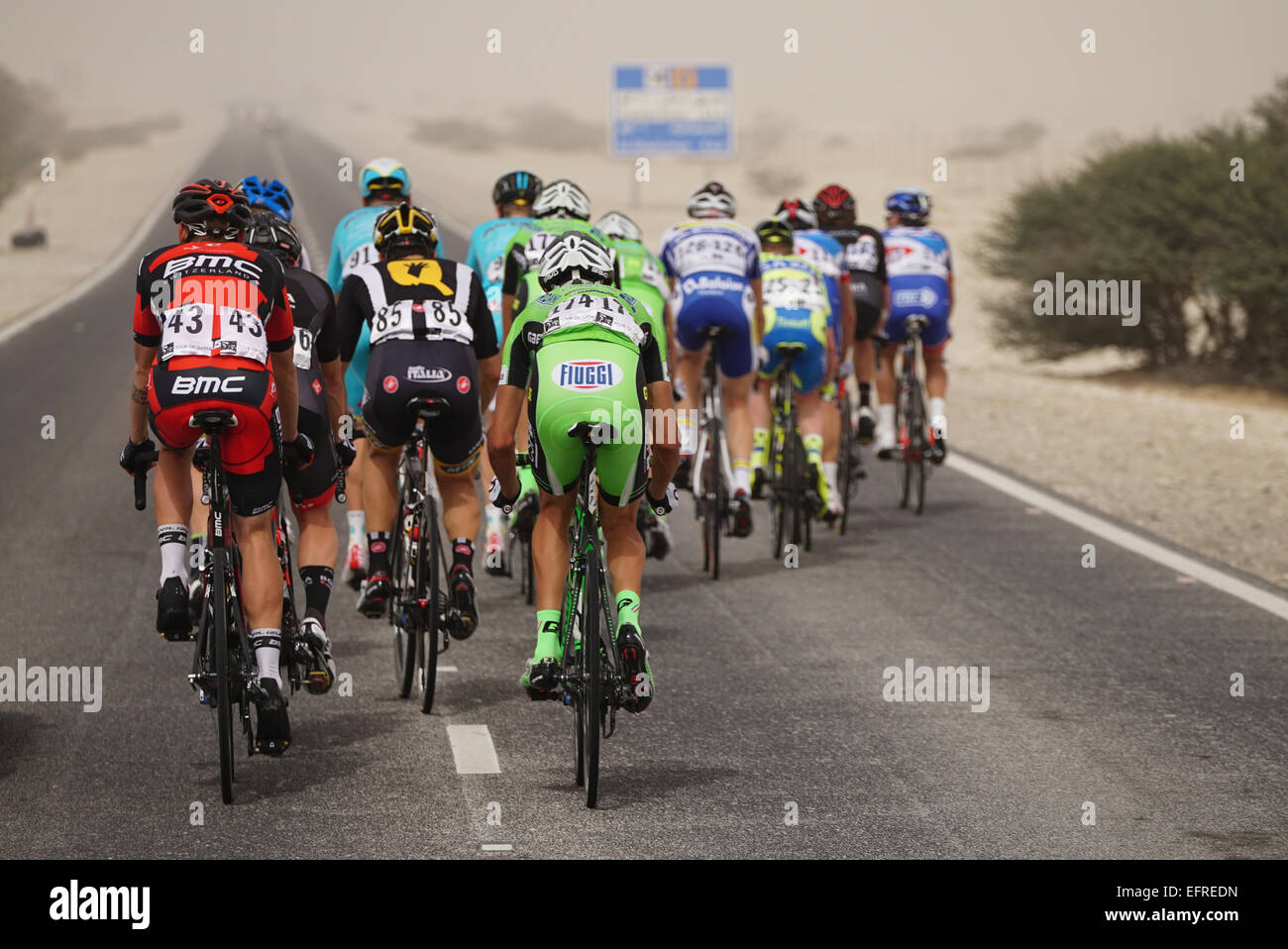 Qatar. 09th Feb, 2015. Alexander Kristoff (Katusha) won stage 2 of the Tour of Qatar and moved into the overall lead at the end of a high-speed day of racing that saw the peloton shattered by crosswinds on the long road to Al Khor Corniche. The Tour of Qatar is an annual professional road bicycle racing stage race held in Qatar. Since its foundation in 2002, the tour has been part of the UCI Asia Tour. Credit:  Ionel Sorin Furcoi/Alamy Live News Stock Photo