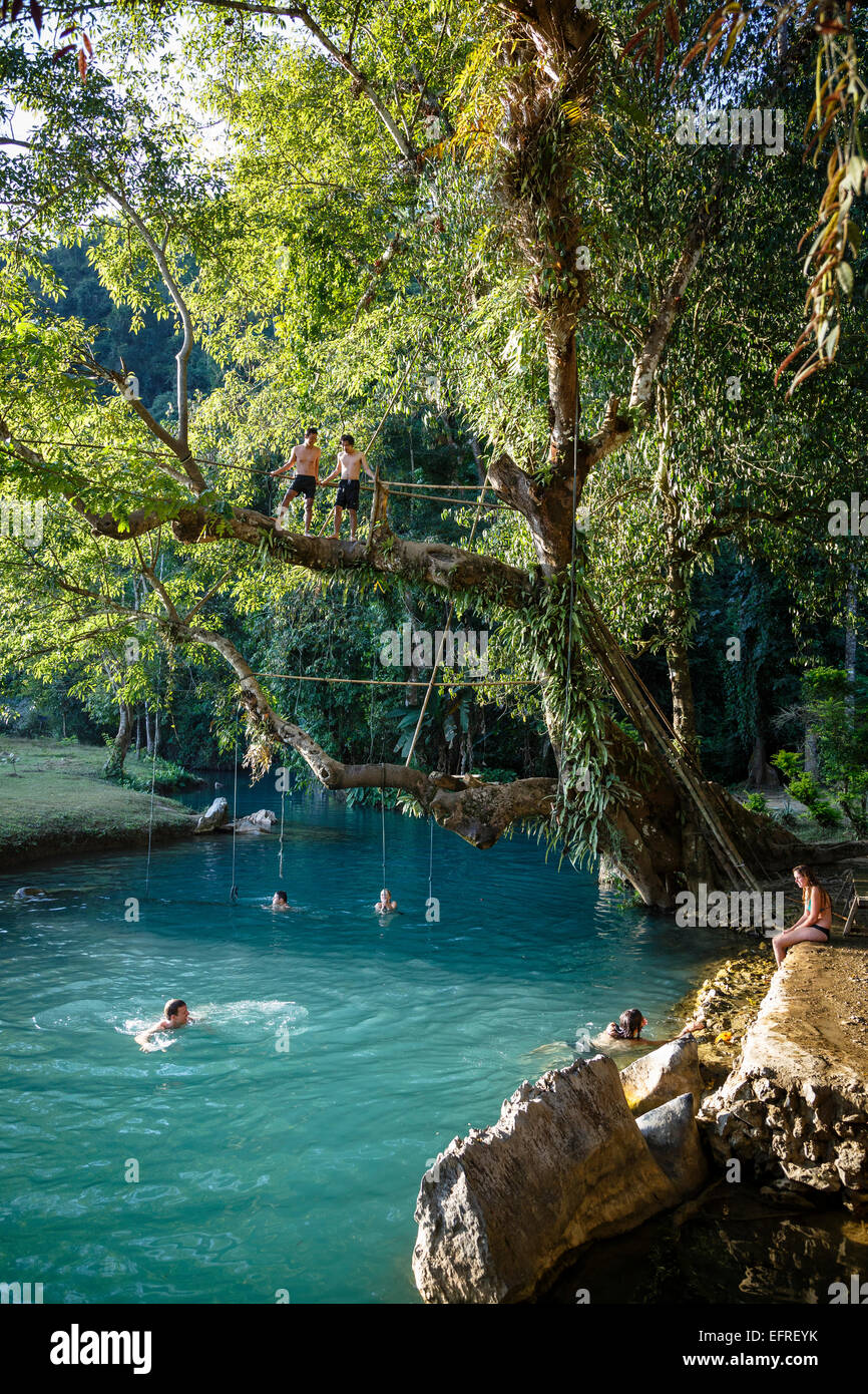 The Blue Lagoon, Vang Vieng, Laos. Stock Photo