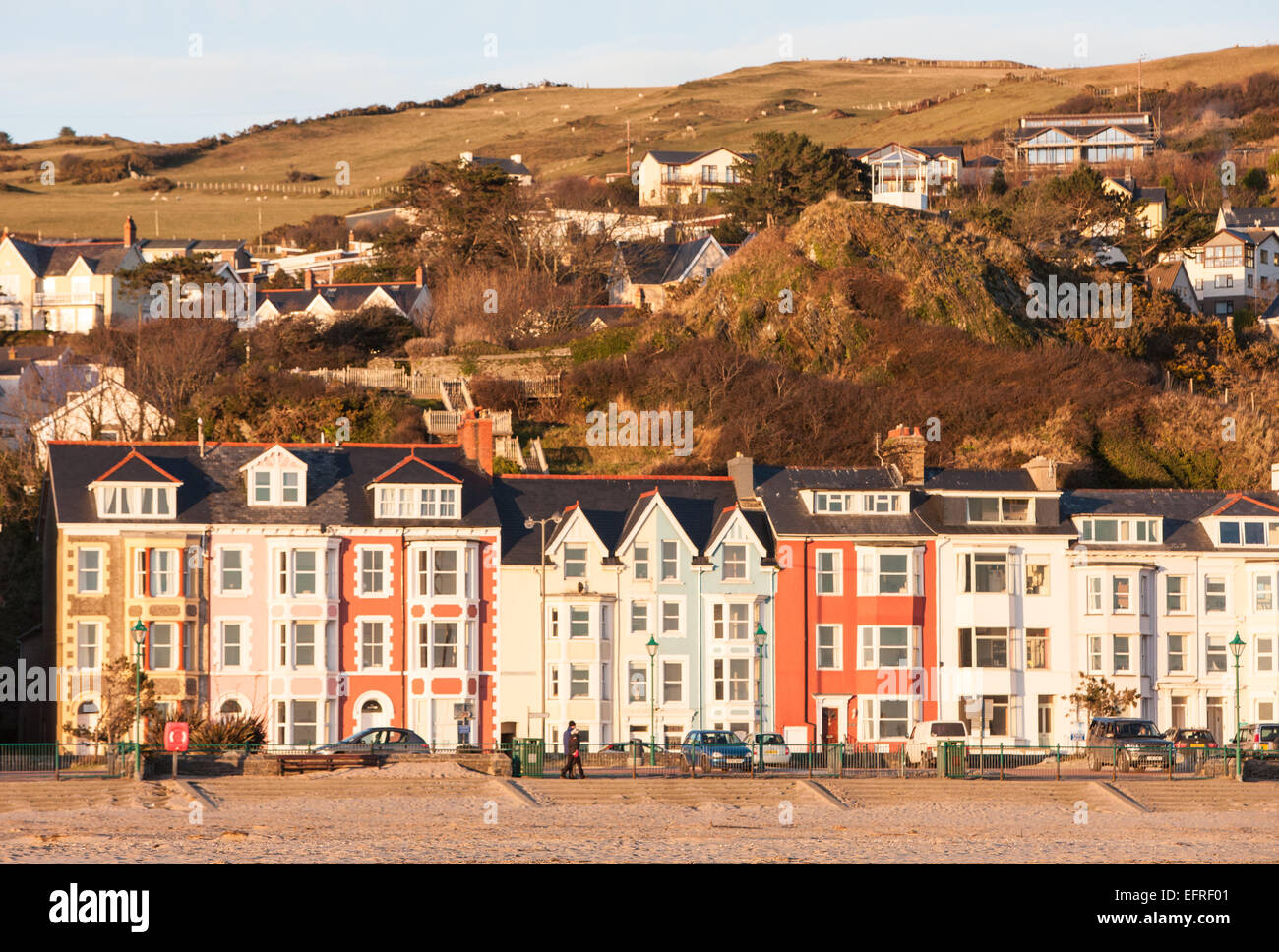 Colourful houses at beach, waterfront at sunset in Aberdyfi / Aberdovey