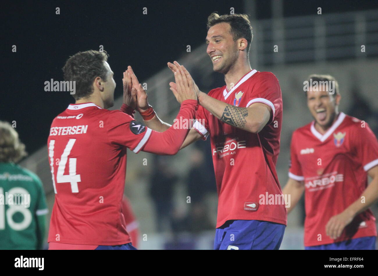 La Manga Club, Spain. 9th February, 2015. Copa X: Vestsjaelland (Denmark) versus Hammarby (Sweden)  Rasmus Festersen, goal scorer Apostolos Vellios & Jan Kristiansen celebrate  Vestsjaelland won the match 3-1. Credit:  Tony Henshaw/Alamy Live News Stock Photo