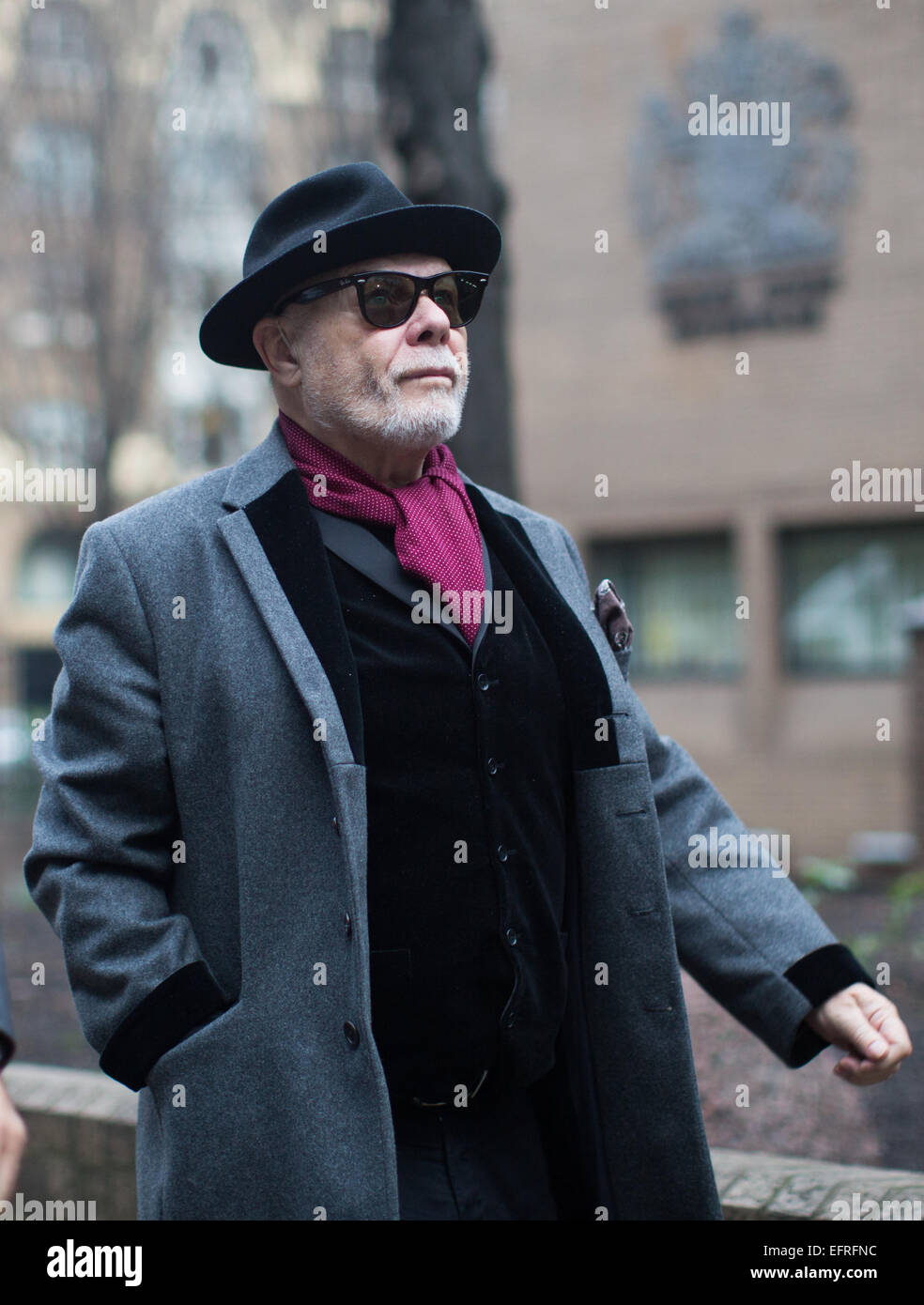 Wednesday, February 4, 2015  British former pop star Gary Glitter, whose real name is Paul Gadd, arrives at Southwark Crown Court in central London. Stock Photo
