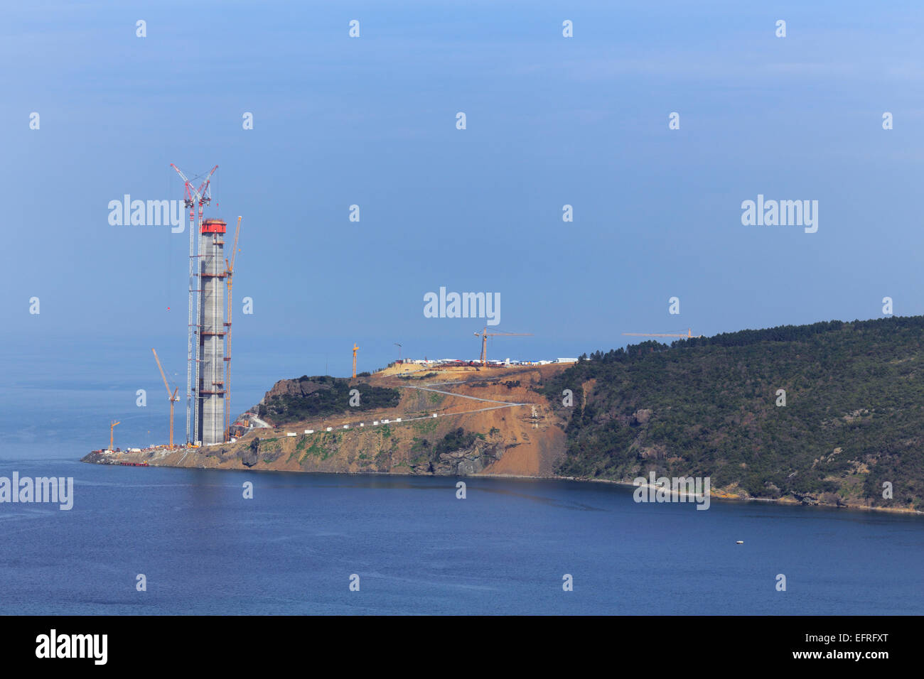 Confluence of the Bosphorus and the Black Sea, Yavuz Sultan Selim Bridge construction, Istanbul, Turkey Stock Photo