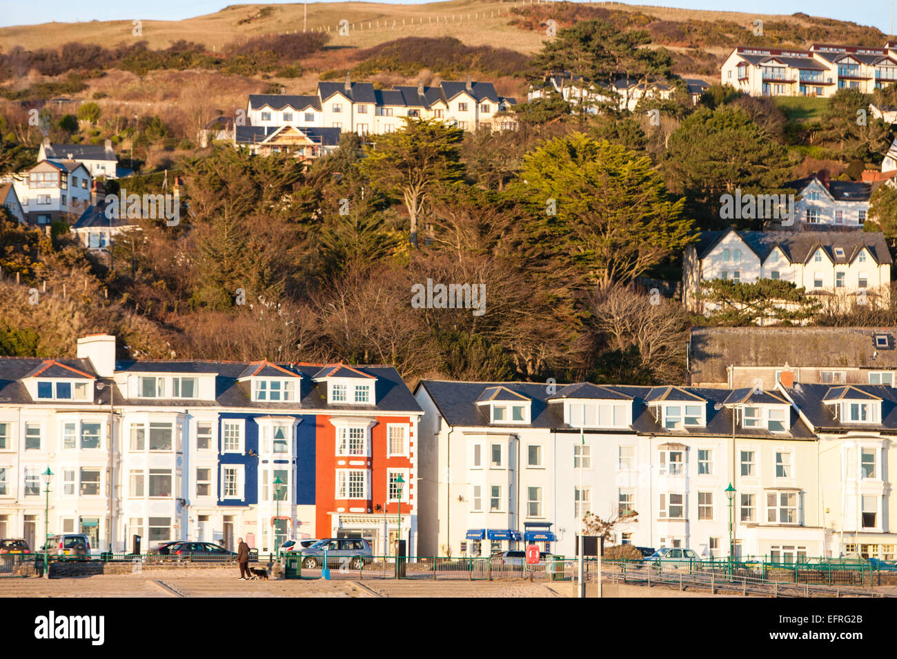 Colourful houses at beach, waterfront at sunset in Aberdyfi Aberdovey