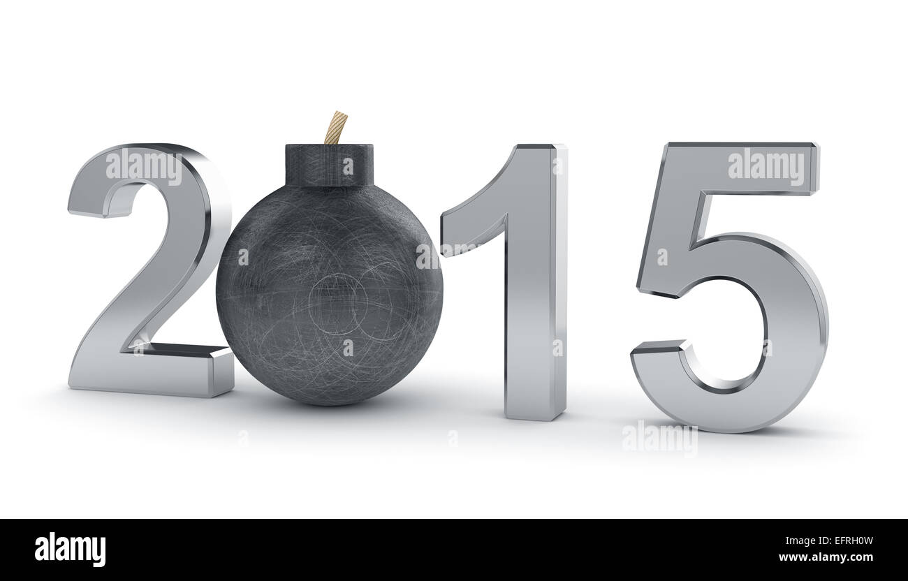 3d render of 2015 year sign with round bomb isolated on white background. Danger concept Stock Photo