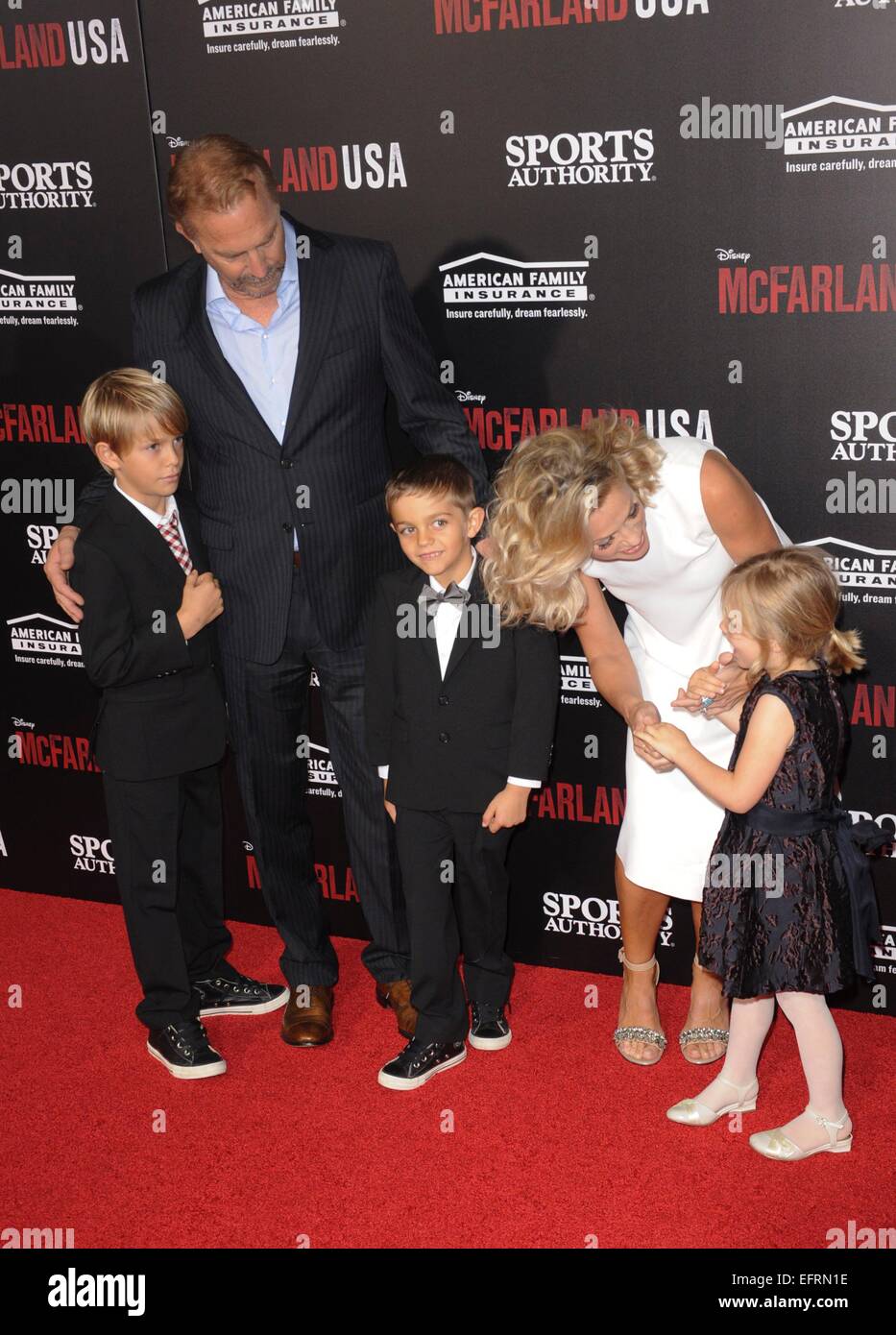 Los Angeles, CA, USA. 9th Feb, 2015. Kevin Costner, Christine Baumgartner, Cayden Wyatt Costner, Hayes Logan Costner, Grace Avery Costner at arrivals for MCFARLAND Premiere, El Capitan Theatre, Los Angeles, CA February 9, 2015. Credit:  Elizabeth Goodenough/Everett Collection/Alamy Live News Stock Photo