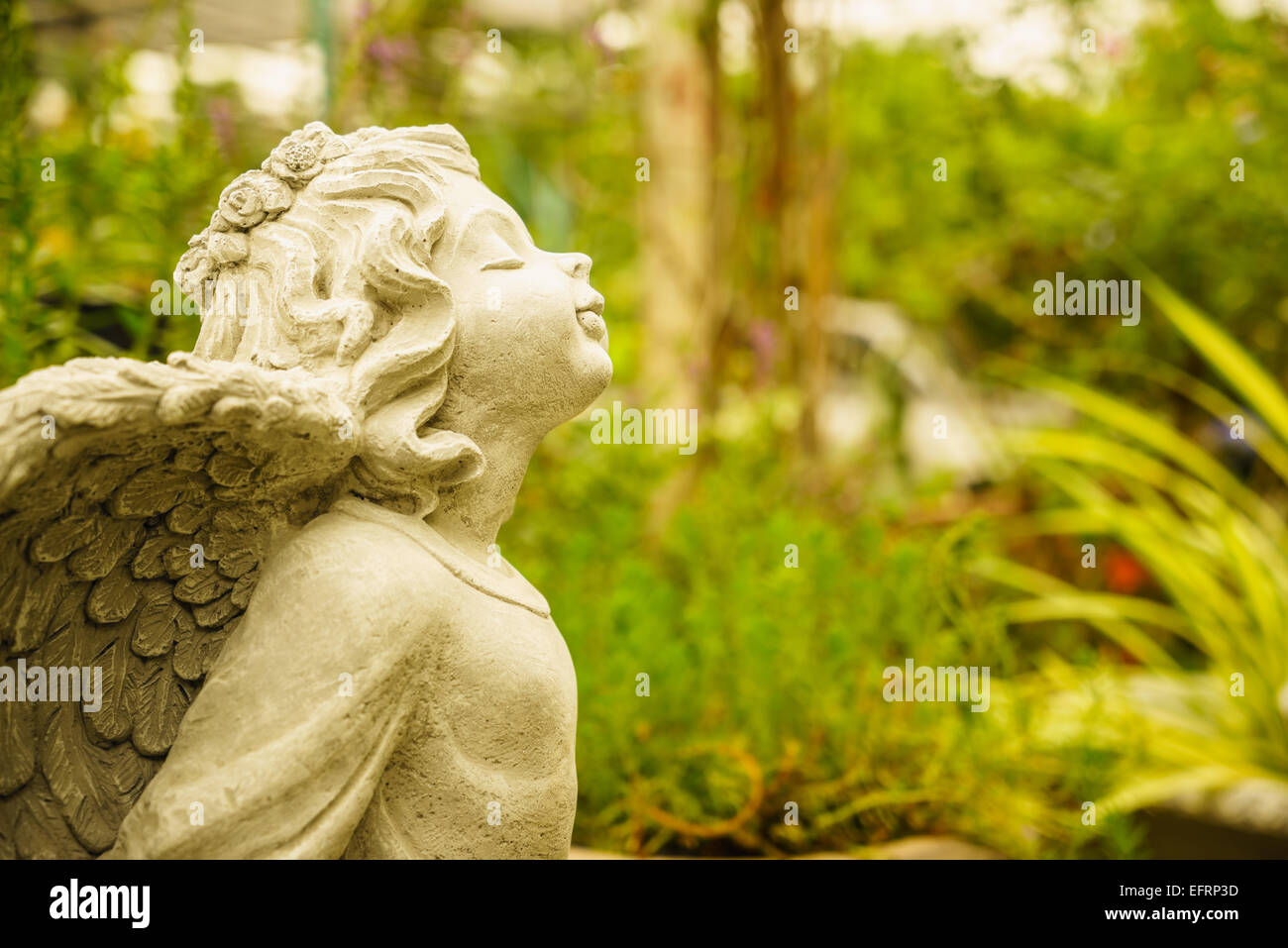 happy and smiling little angel sculpture in the garden Stock Photo Alamy