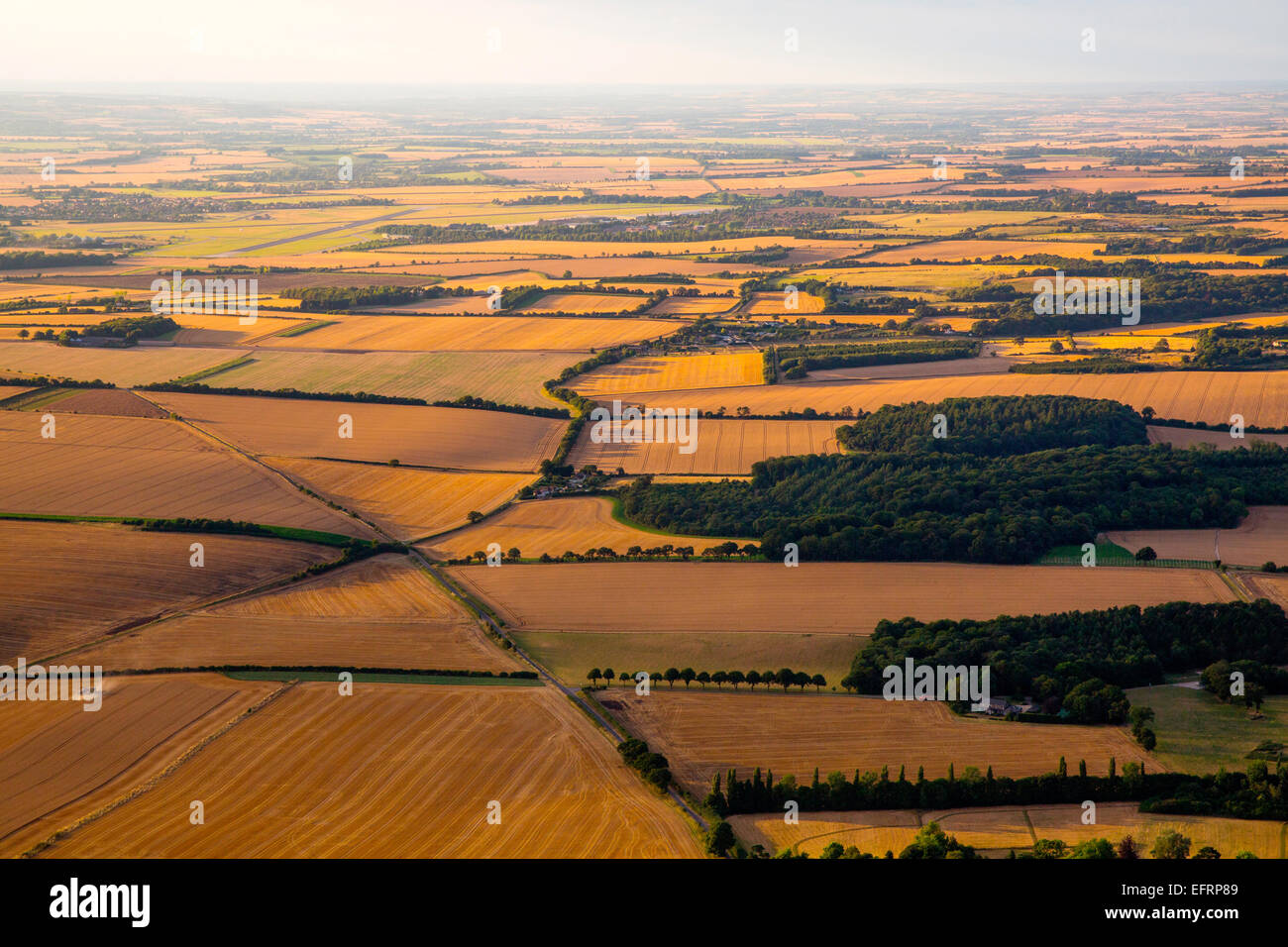 Aerial view from hot air balloon above rural fields, Oxfordshire, England Stock Photo