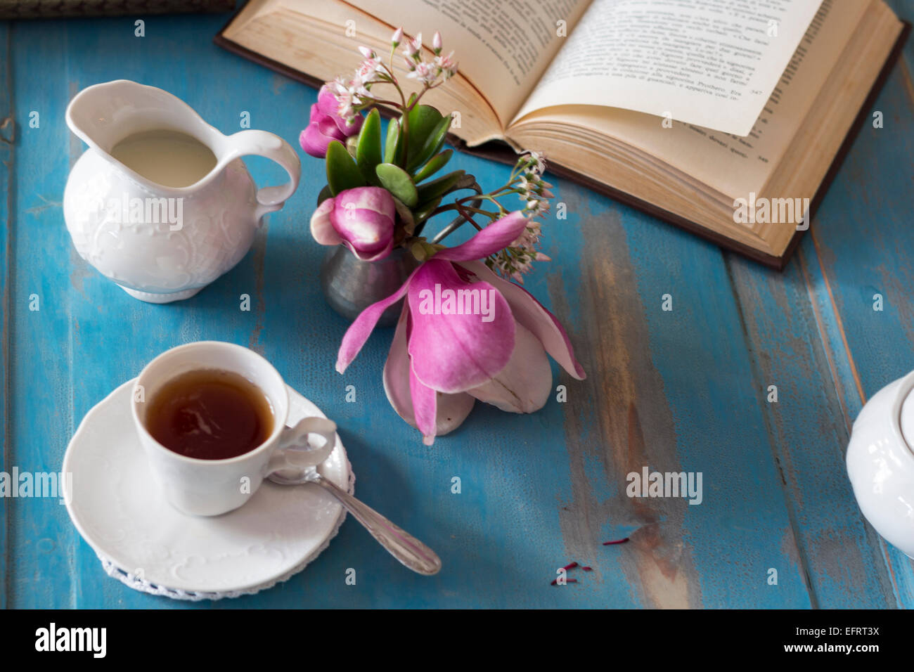 A tea cup and creamer on old wooden table. Top view. Stock Photo