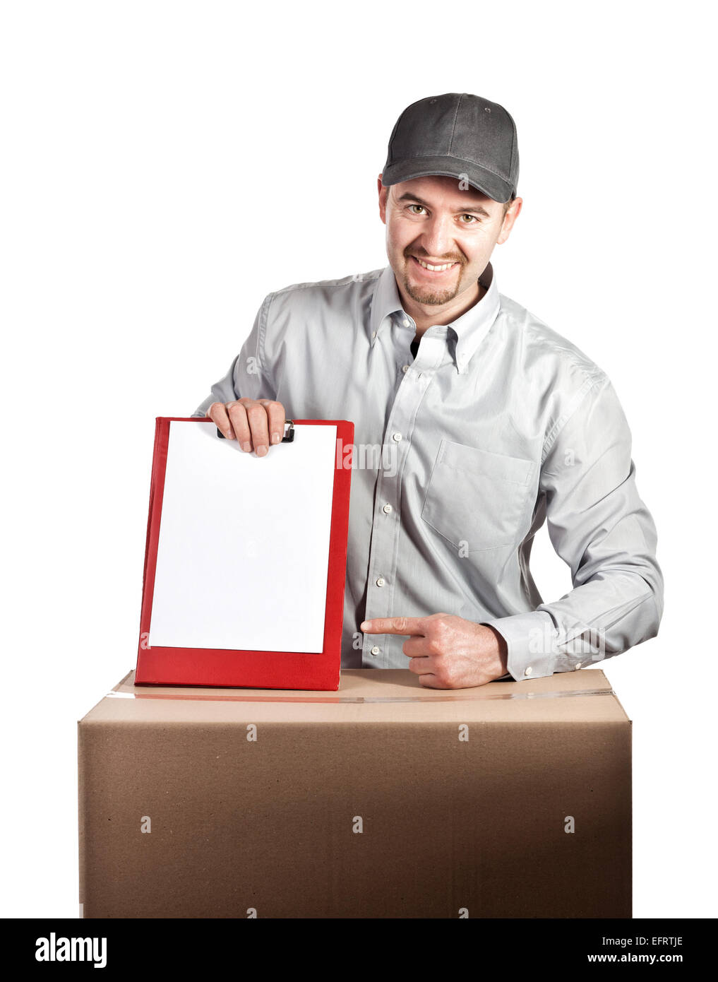 portrait of caucasian delivery man on white background Stock Photo