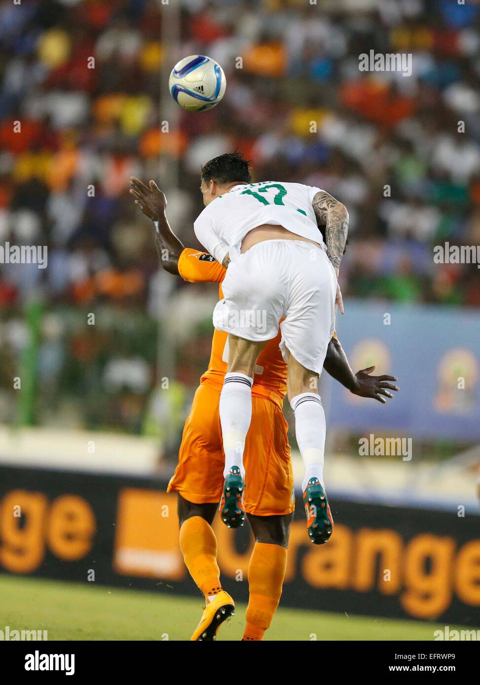 Carl Medjani  of Algeria in anaerial tackled against Ivory Coast during their AFCON 2015 Quarter Finals Match on February 1 2015 at Estadio de Malabo Equatorial Guinea. Photo/Mohammed Amin/www.pic-centre.com (Equatorial Guinea) Stock Photo