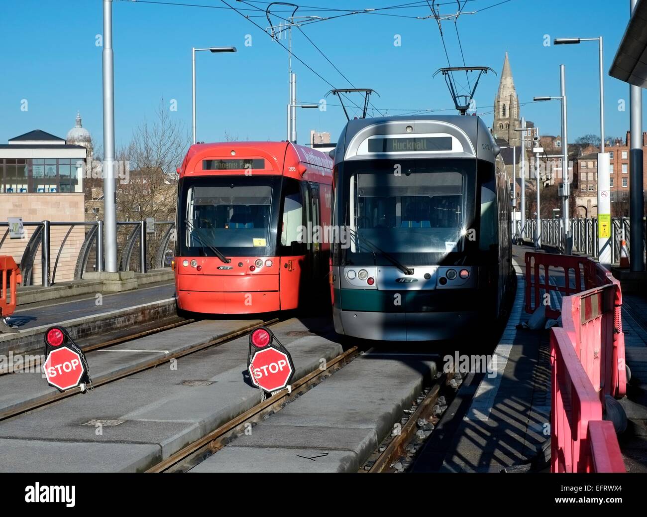 Modern electric tram running on the Nottingham express transit system