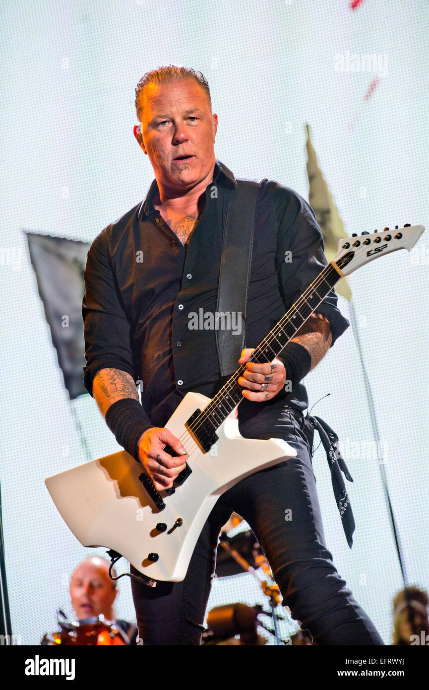 James Hetfield of Metallica performing on the Pyramid Stage at Glastonbury June 2014 Stock Photo