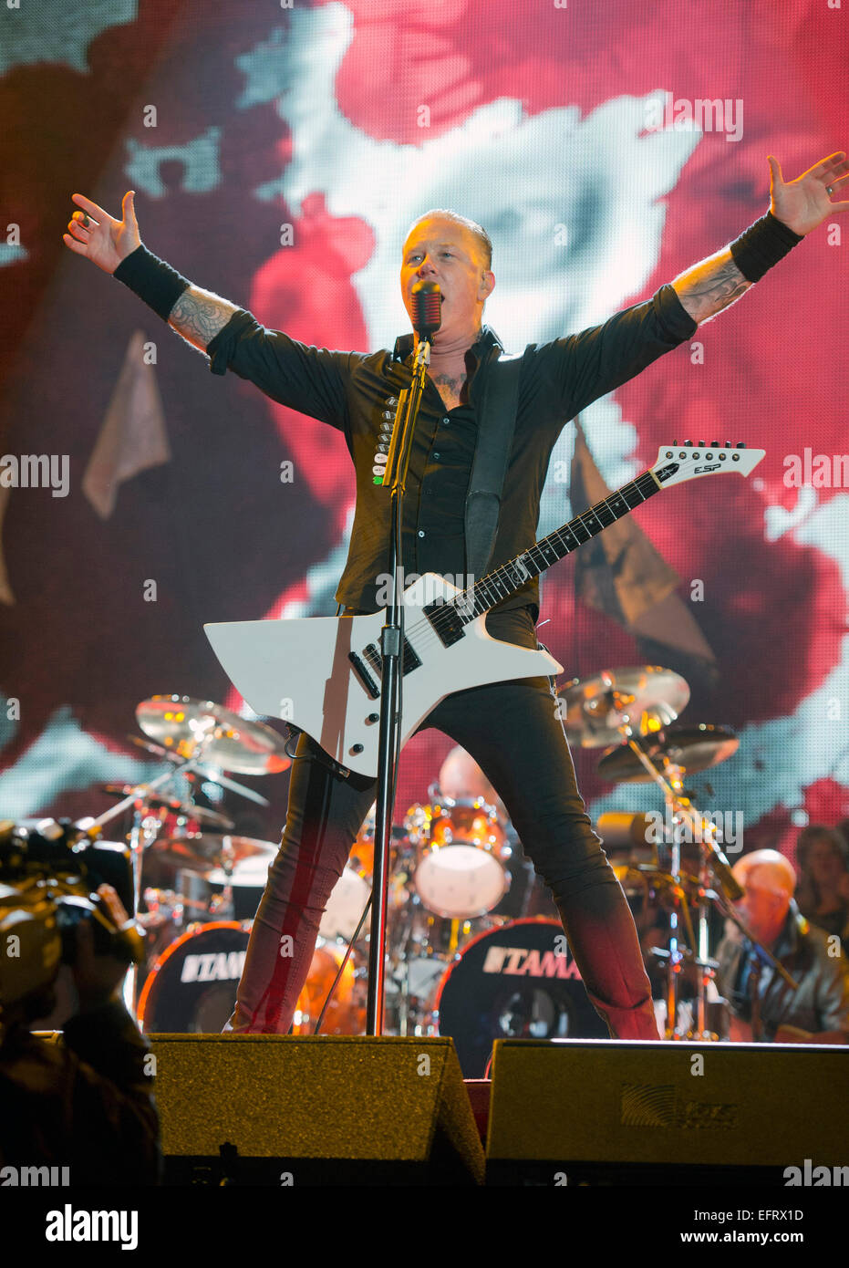 James Hetfield of Metallica performing on the Pyramid Stage at Glastonbury June 2014 Stock Photo