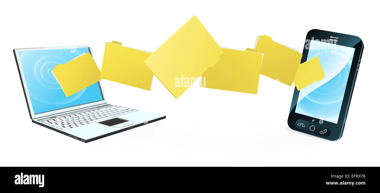 Computer phone file transfer concept of files or folders moving between a laptop computer and mobile phone Stock Photo