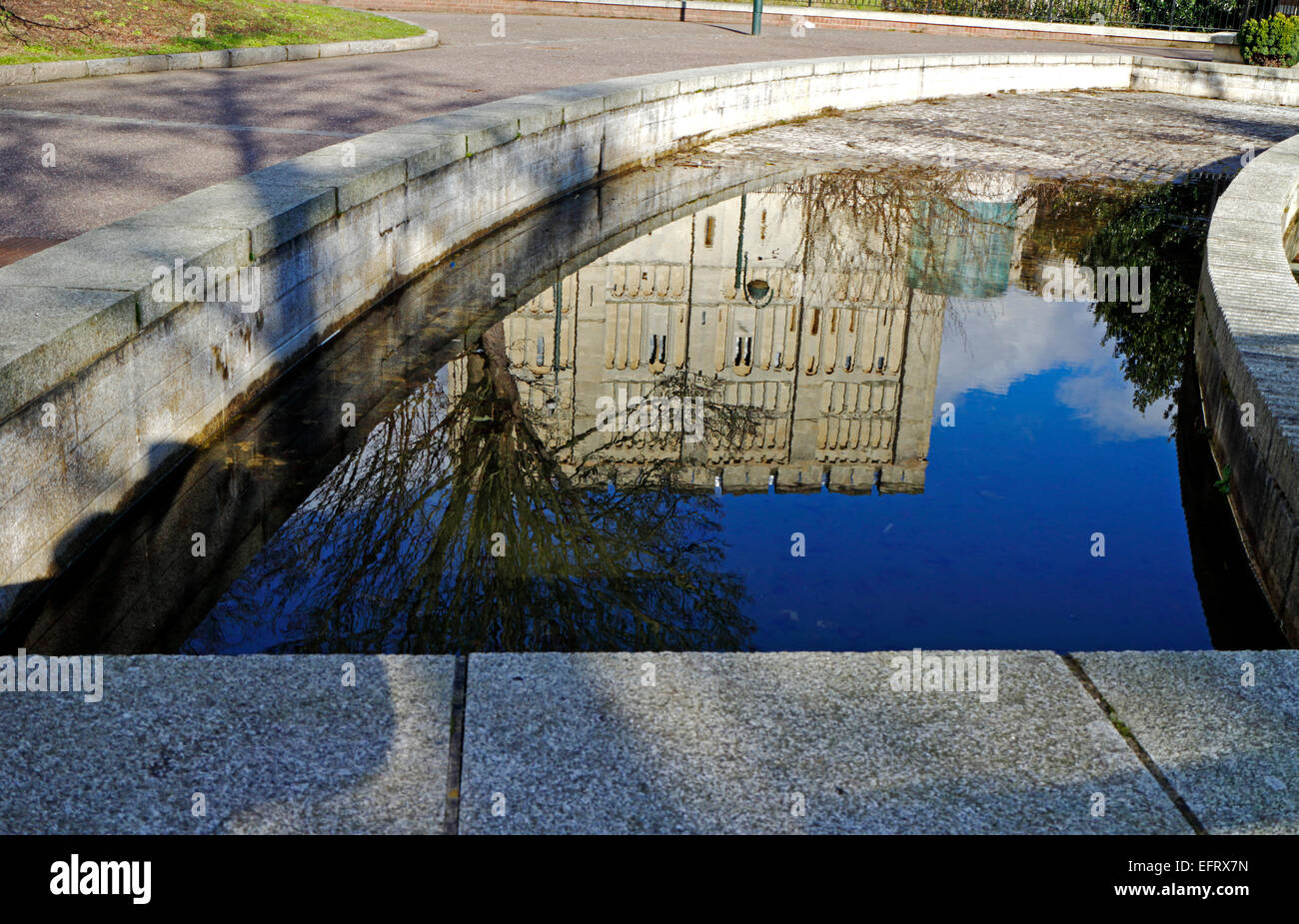 A reflection of Norwich Castle in the Castle Mall gardens, Norwich, Norfolk, England, United Kingdom. Stock Photo