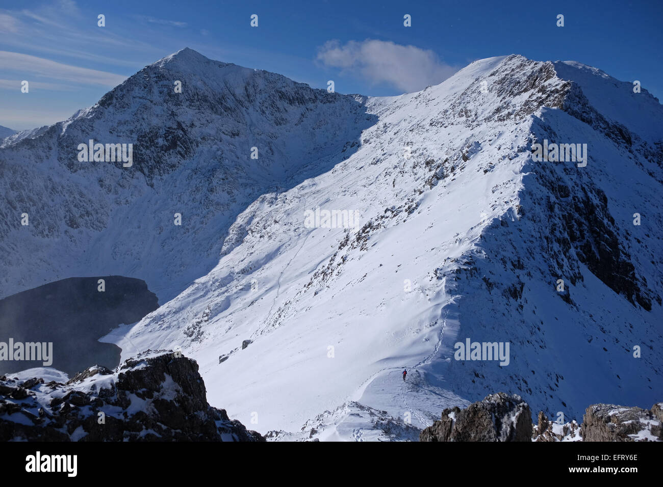 Snowdon,left, and Crib y Ddysgyl, on the right, in winter conditions ...