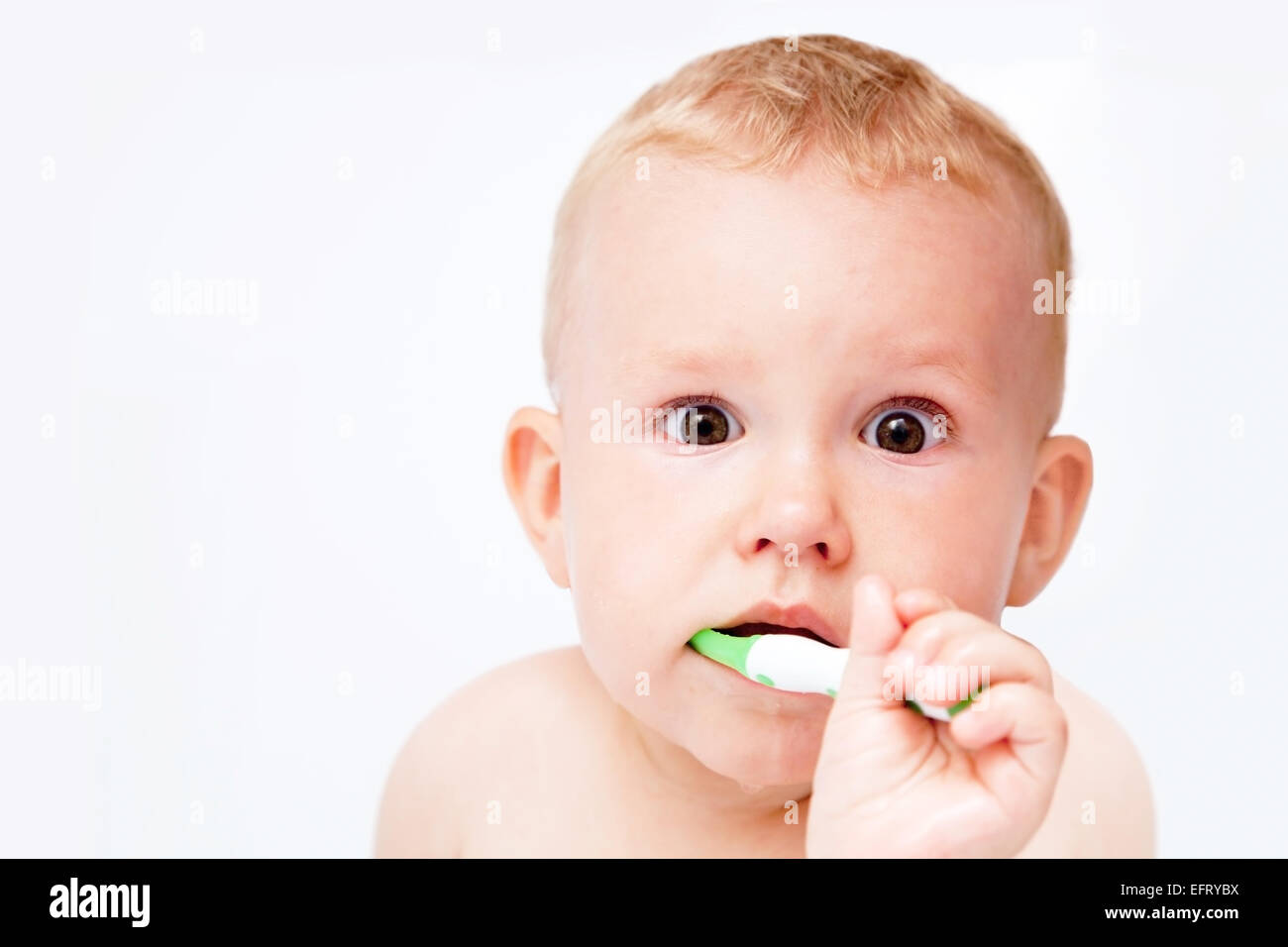 Cute baby brushing his teeth on white Stock Photo Alamy