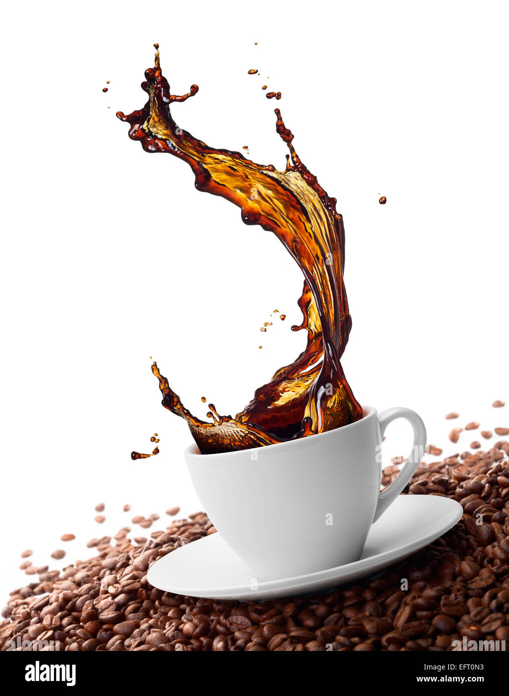 cup of coffee with splash surrounded by coffee beans Stock Photo