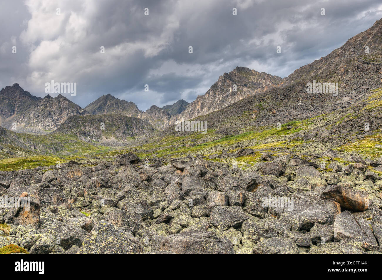 Fragments of rock in the mountain tundra. Eastern Sayan. Buryatia Stock Photo