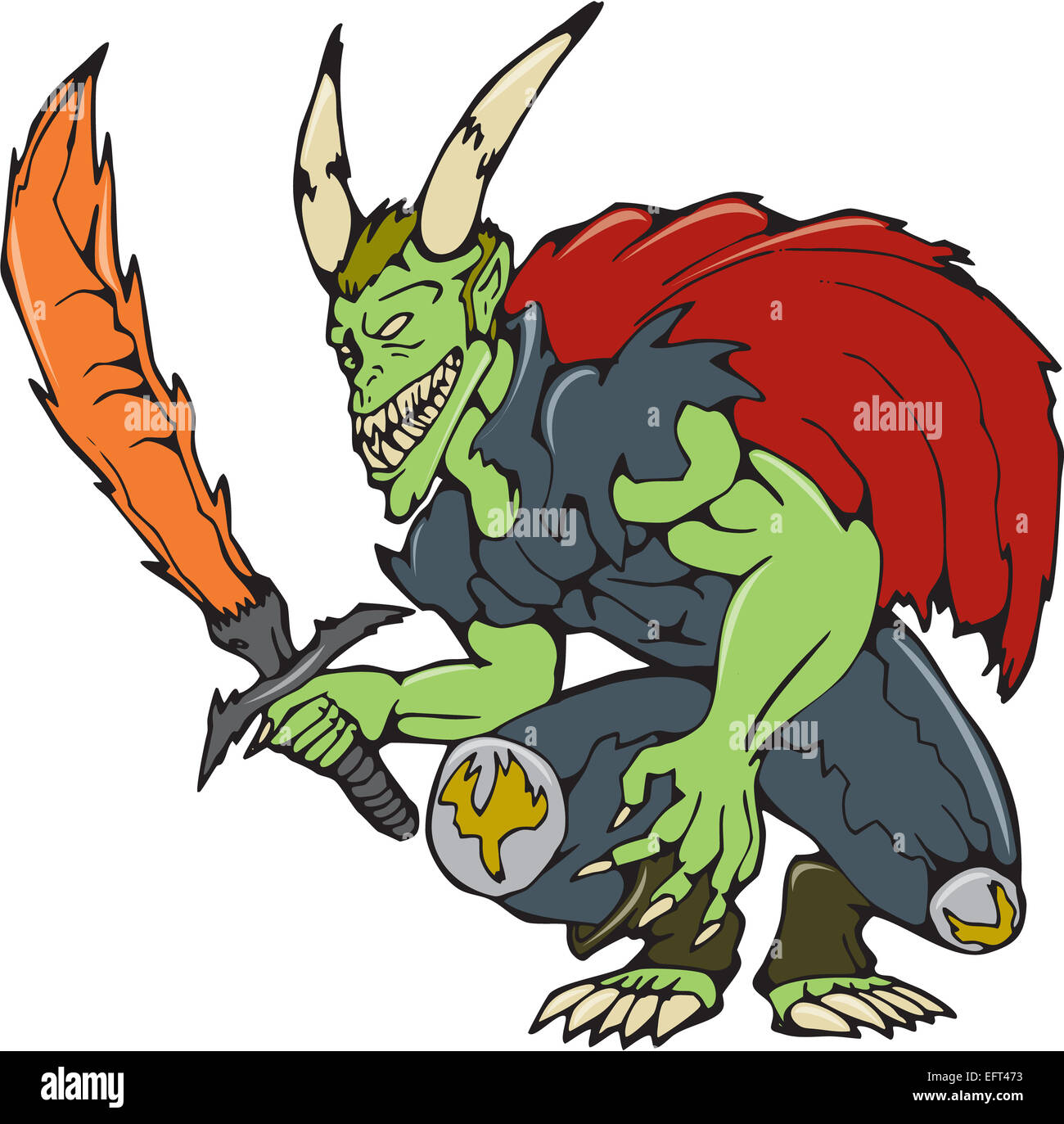 Cartoon style illustration of a demon with big horns wielding a fiery sword viewed from front on isolated background. Stock Photo