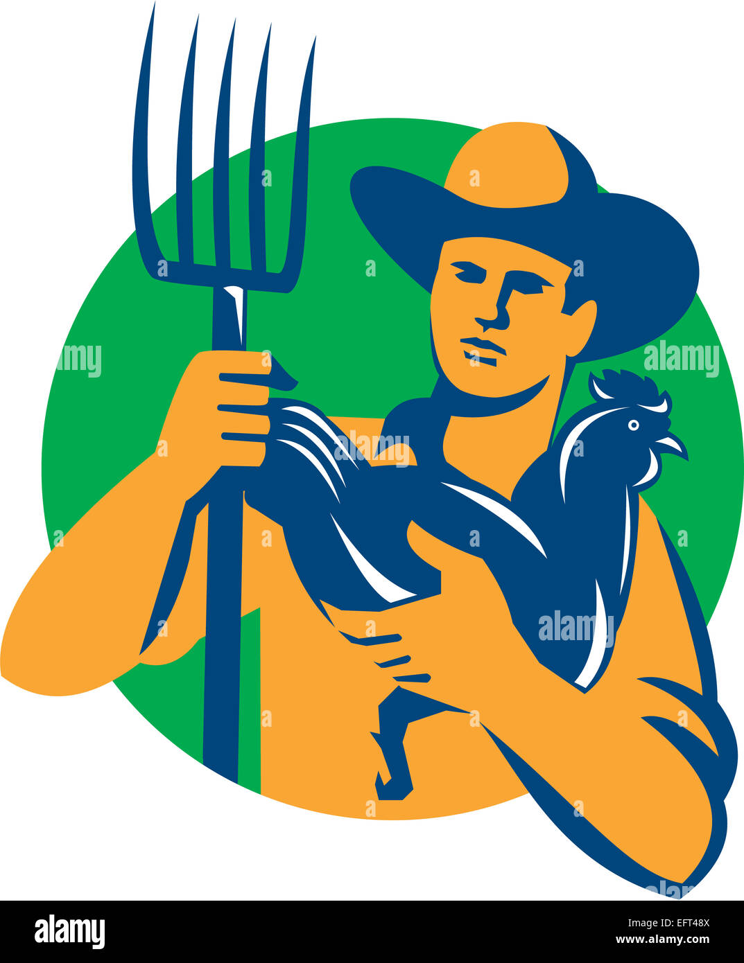 Illustration of organic farmer with pitchfork holding chicken facing ...