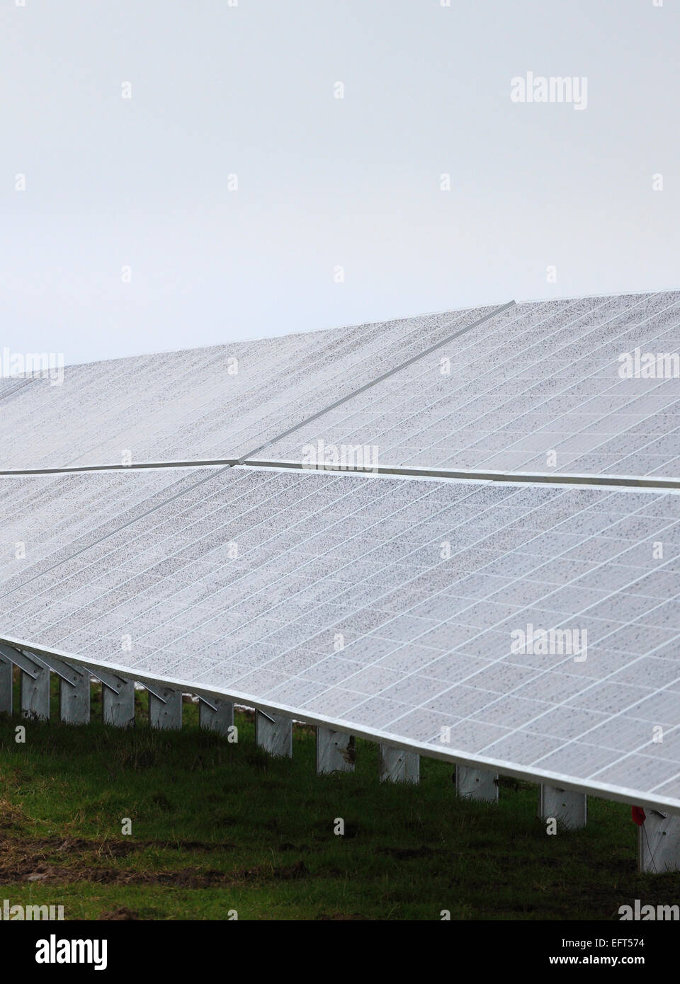 Solar panels at West Raynham solar farm in Norfolk on a wet and cold