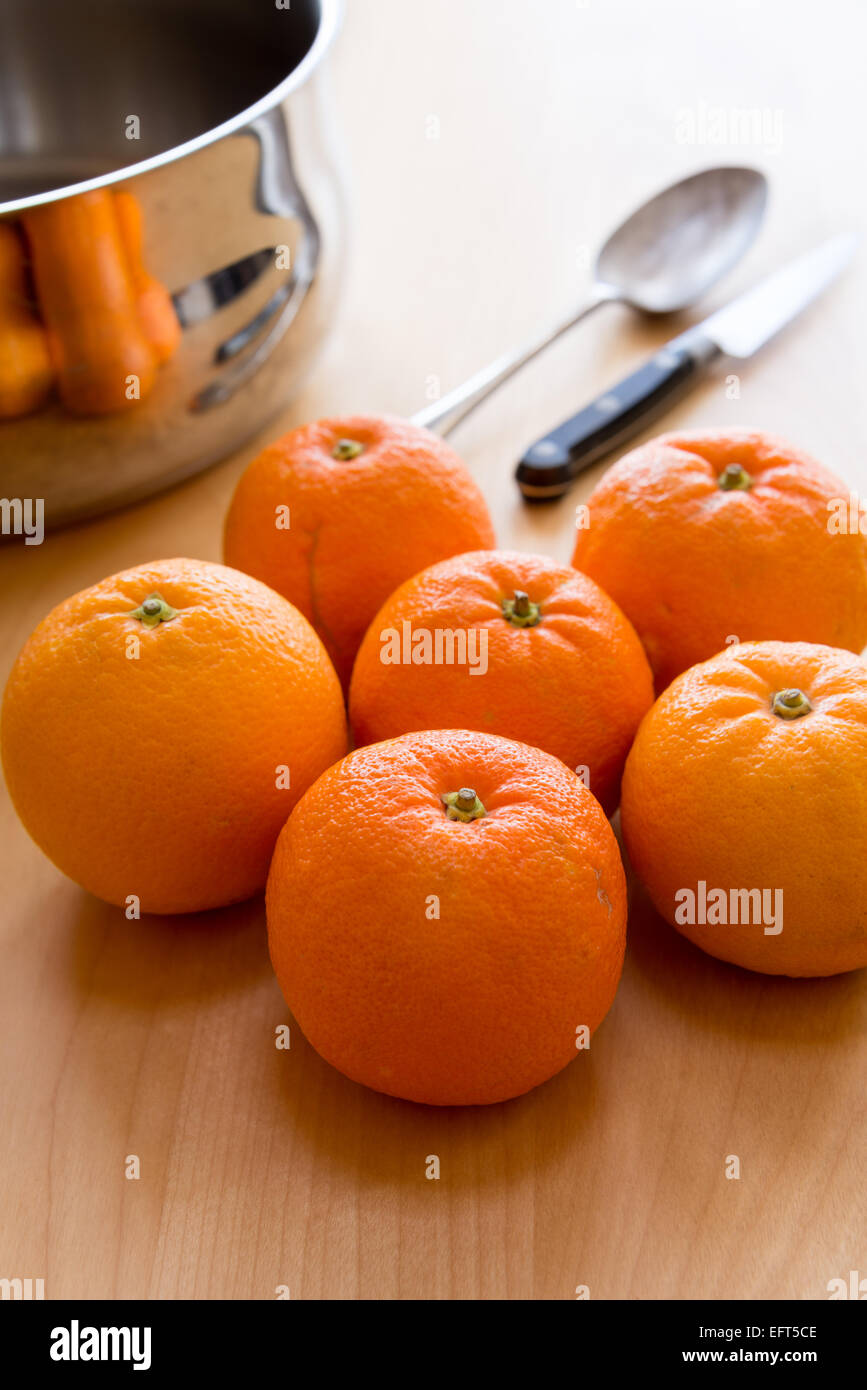 Seville oranges in the kitchen in preparation for making Seville orange marmalade. Stock Photo