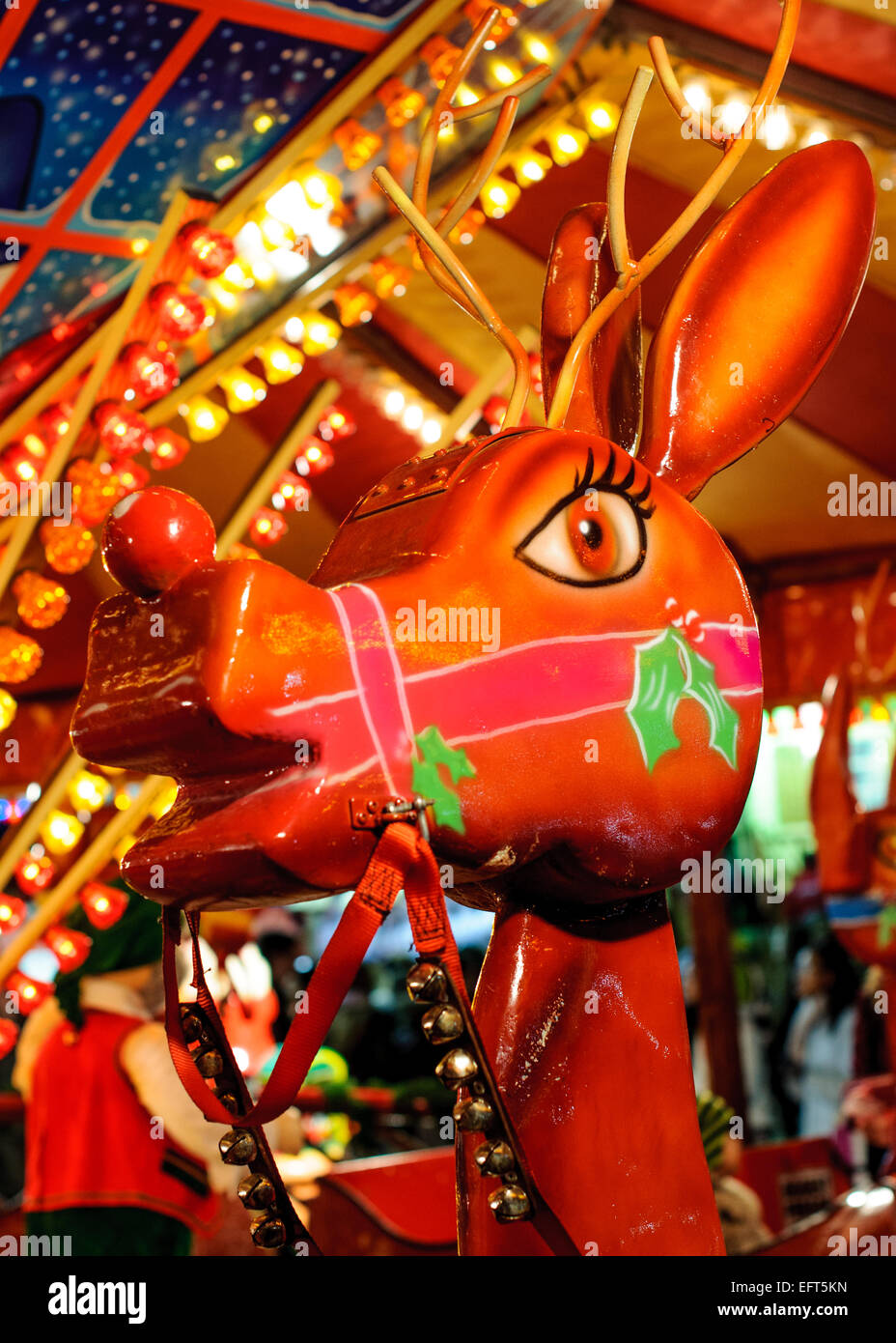 Attraction in Hyde Park Winter Wonderland. Close up of head of reindeer. Stock Photo