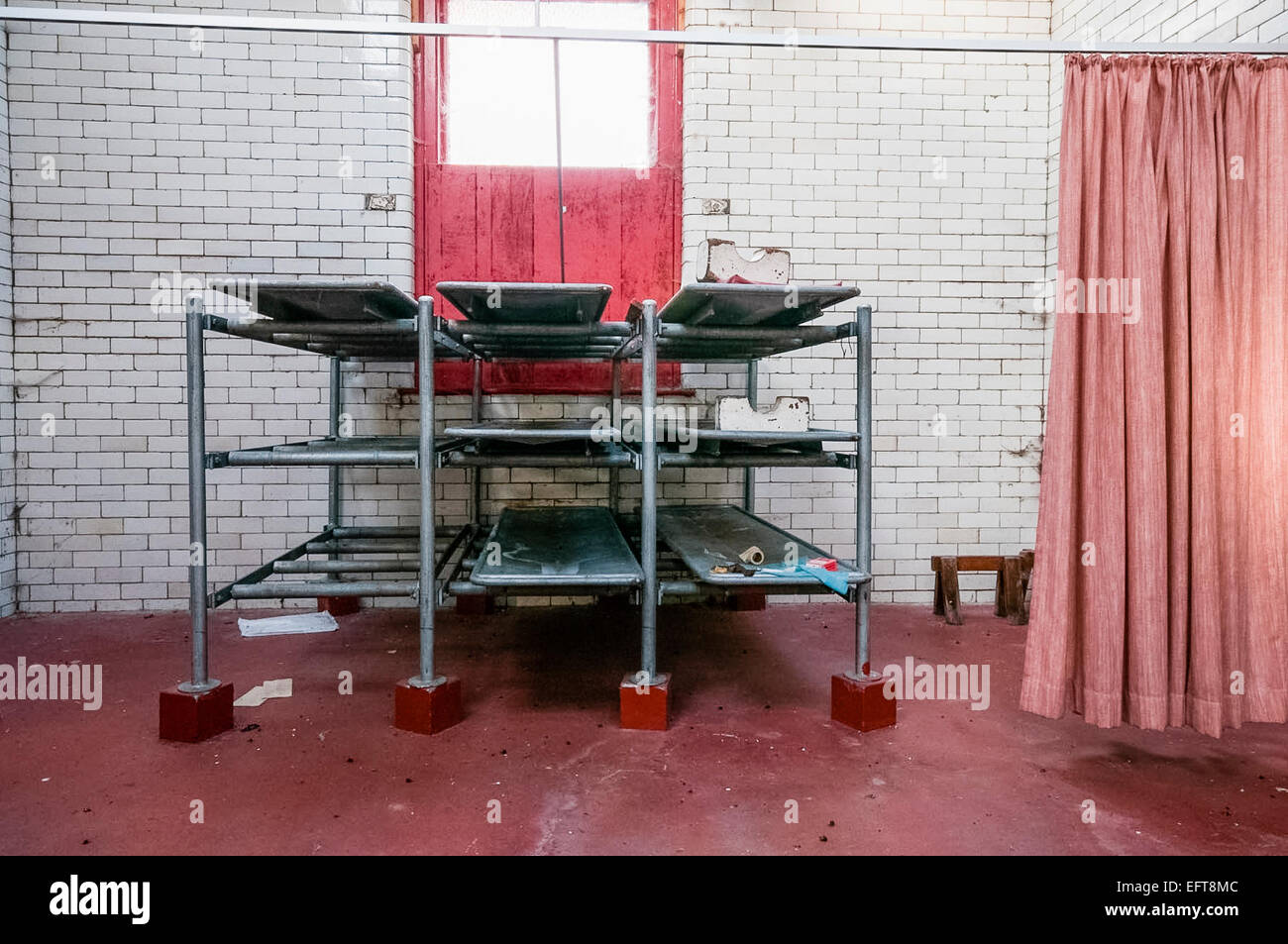 Tables in a mortuary for storing bodies. Stock Photo