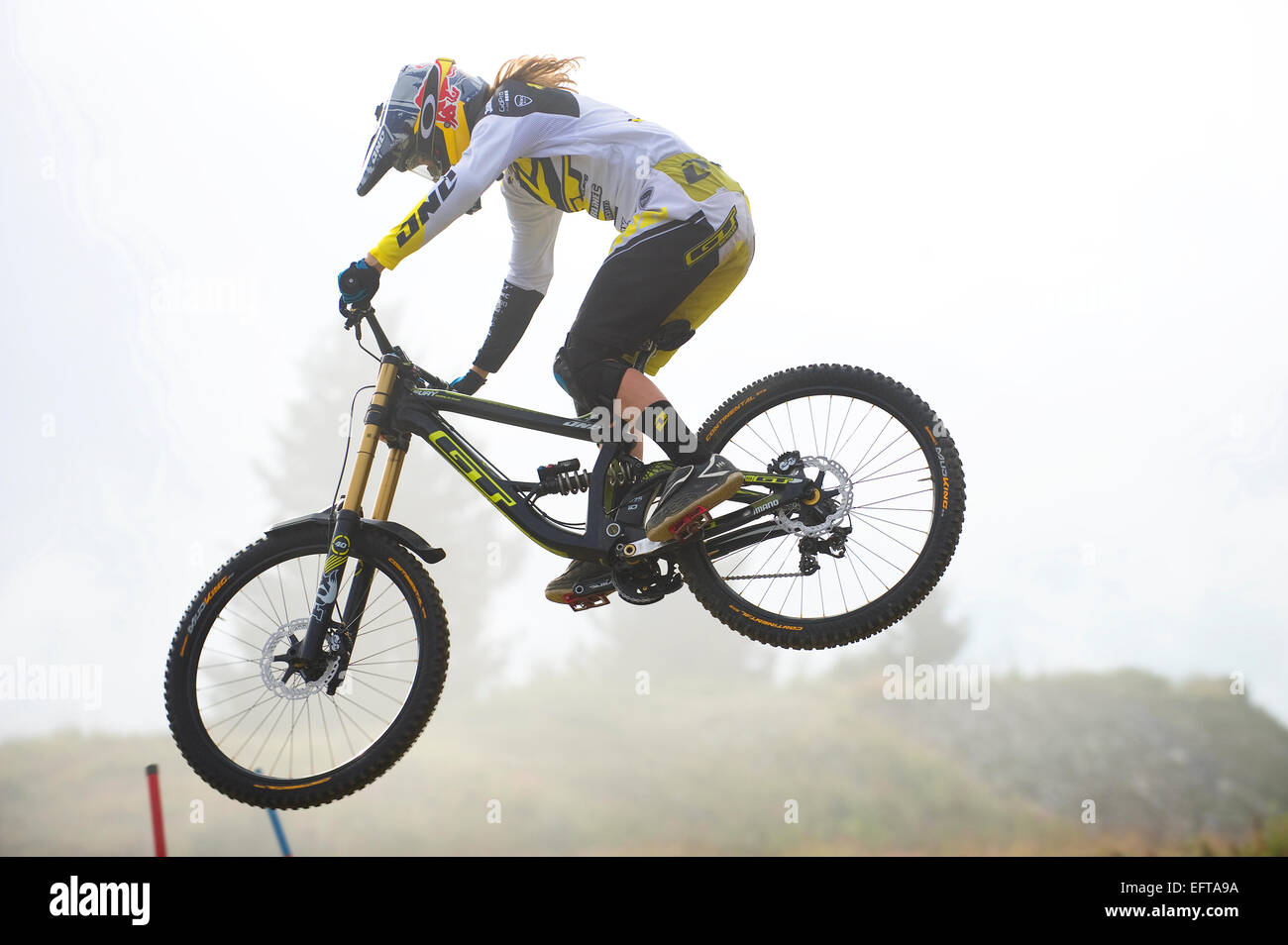 British downhill mountain biker racer Rachel Atherton competing in the UCI Mountain Bike World Cup finals in Meribel, France. Stock Photo