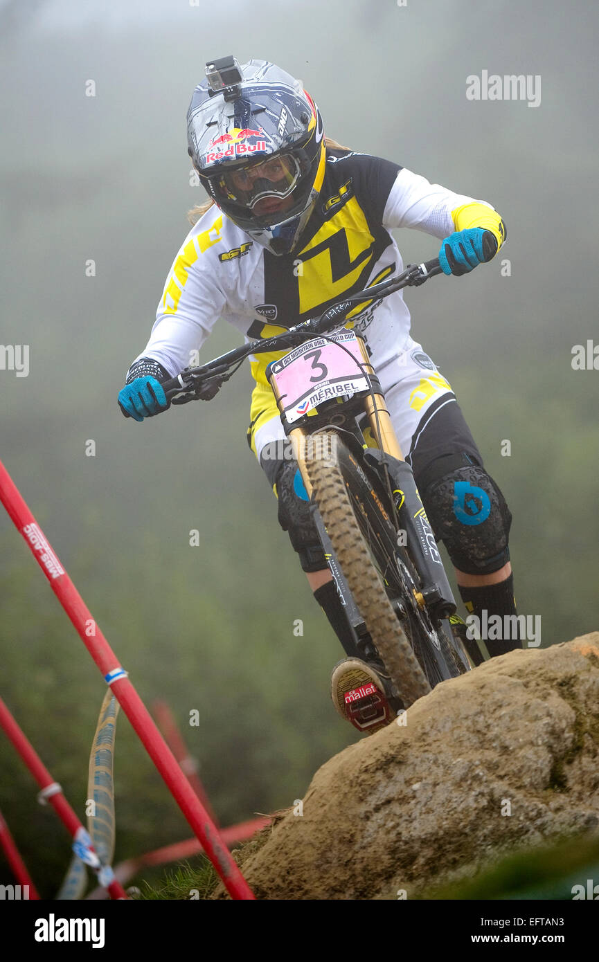 British downhill mountain biker racer Rachel Atherton competing in the UCI Mountain Bike World Cup finals in Meribel, France. Stock Photo