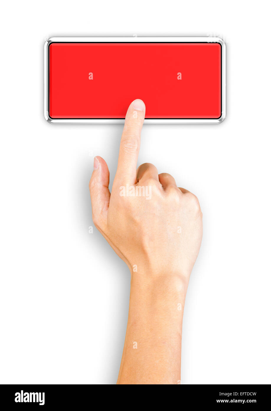 Hand clicking a red button, top view Stock Photo