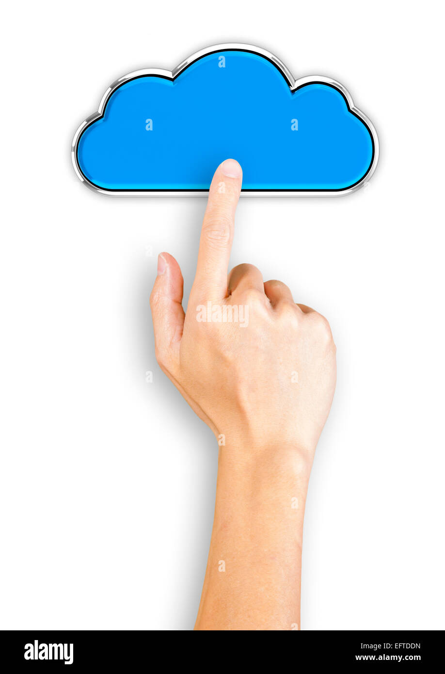 Hand clicking a blue cloud shaped button, top view Stock Photo