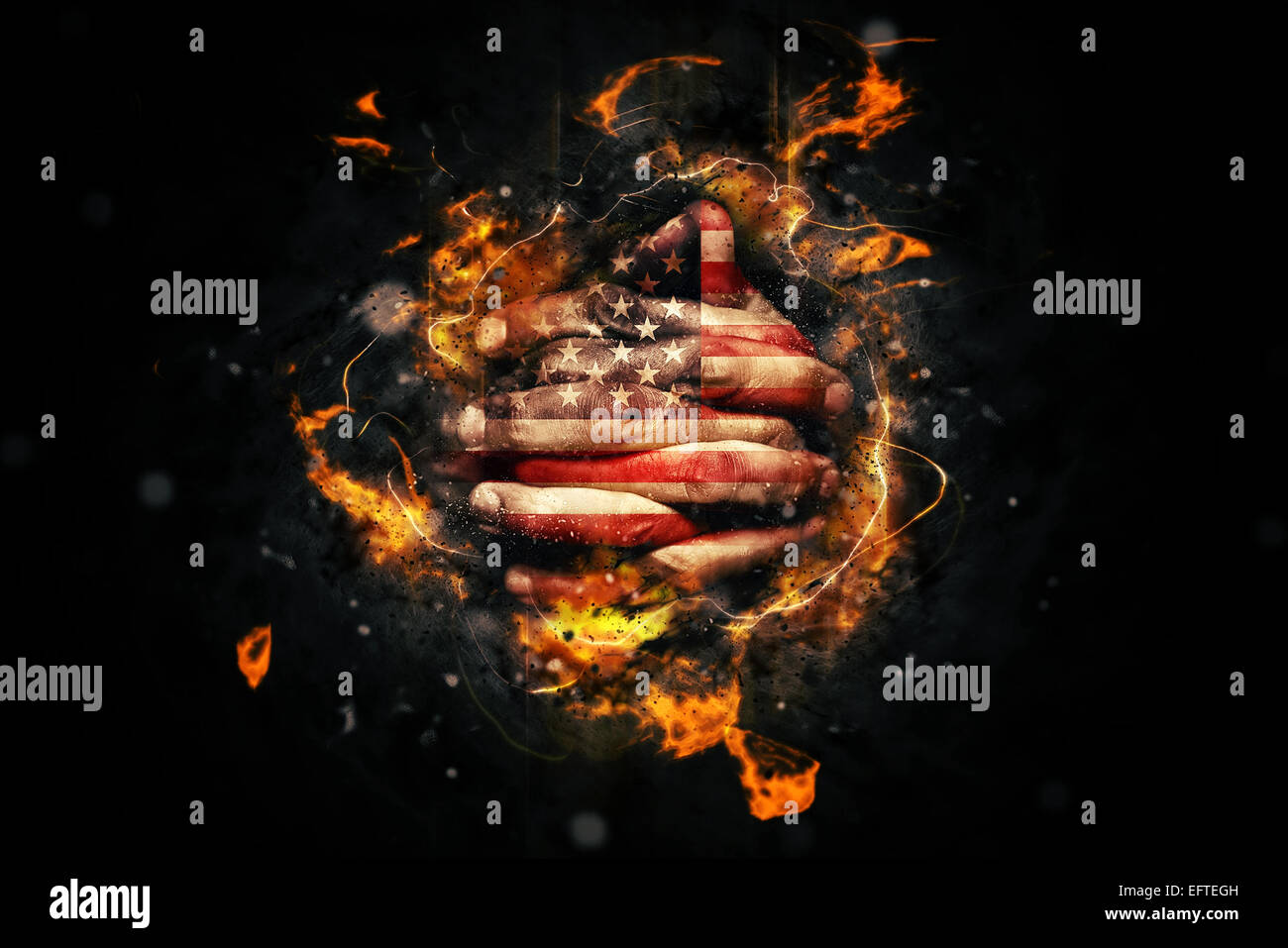 Religious American is Praying with Crossed hands and USA flag painted on fingers. Stock Photo