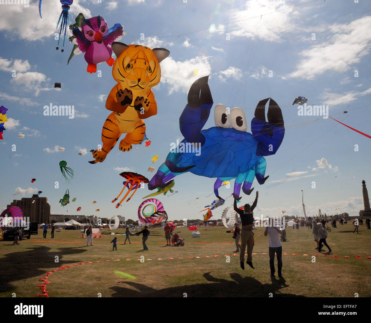 Kites of all shapes and sizes flying over the seafront at Southsea