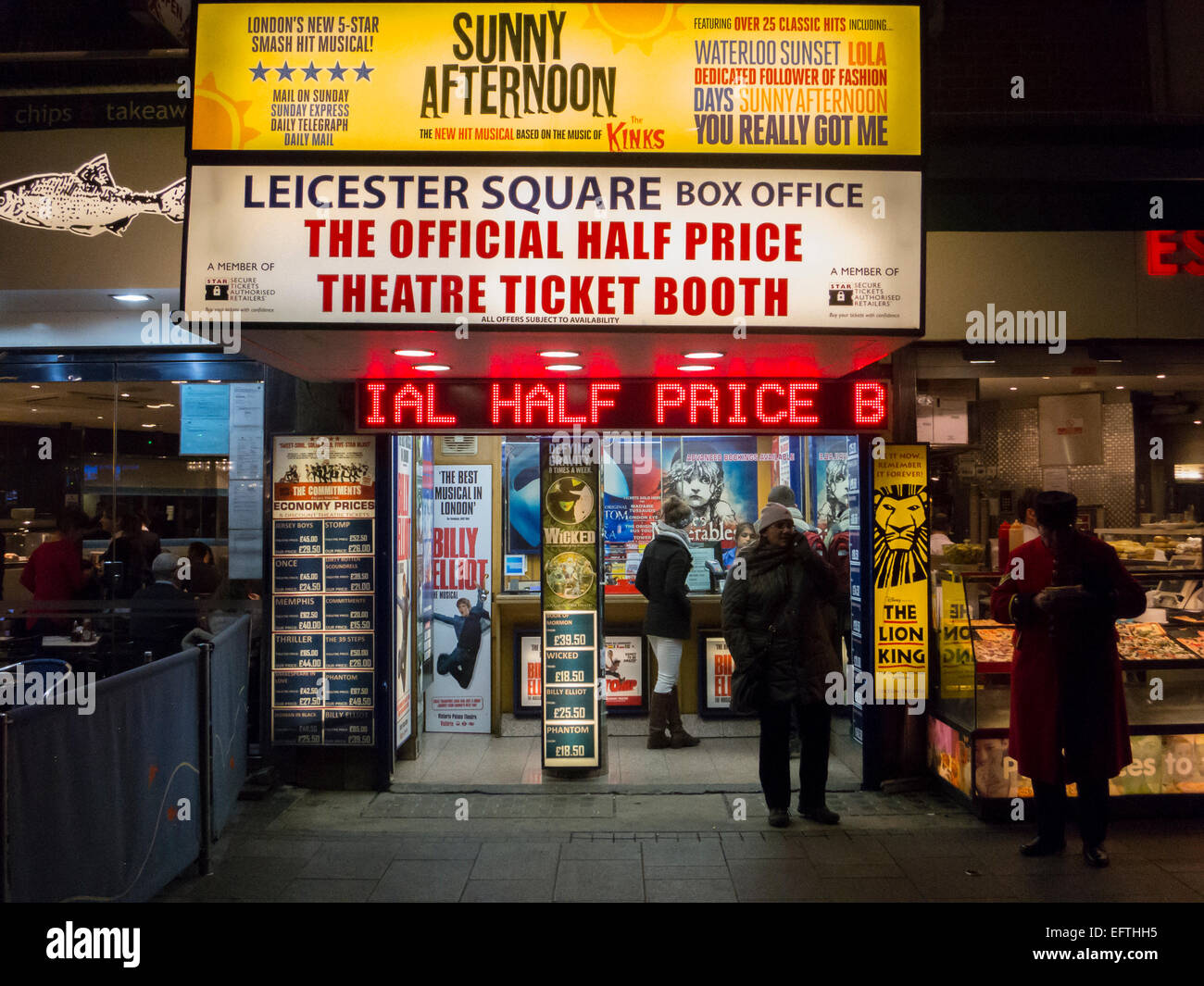 Theatre tickets on sale in a kiosk in Leicester Square Stock Photo