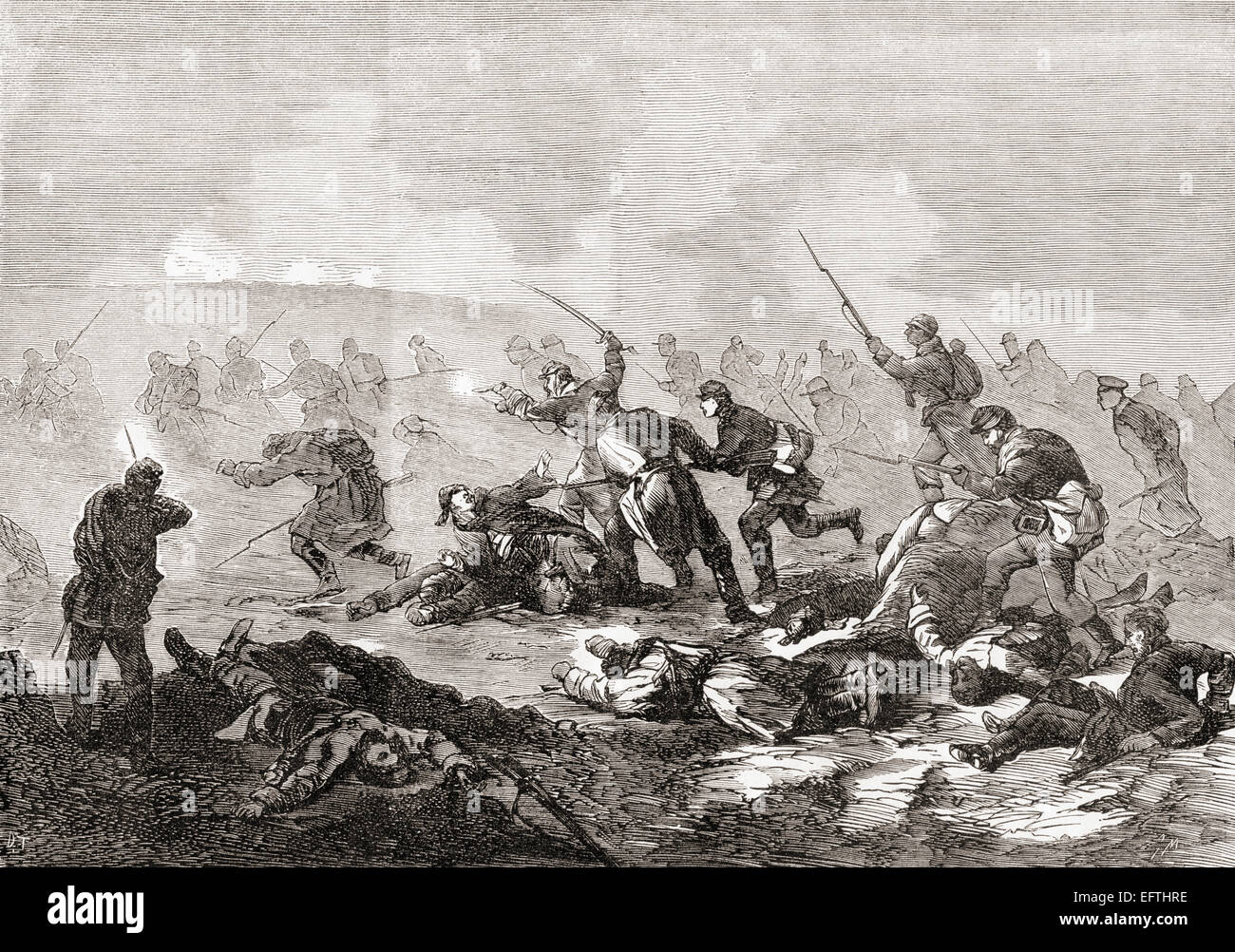 The taking of the Grivitsa redoubt by the Russians during the Third Battle of Grivitsa, Bulgaria.  One of the key battles of the Russo-Turkish War of 1877–1878. Stock Photo