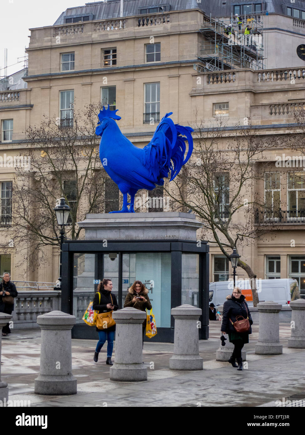giant blue cockerel by German artist Katharina Fritsch in London's Trafalgar Square Stock Photo