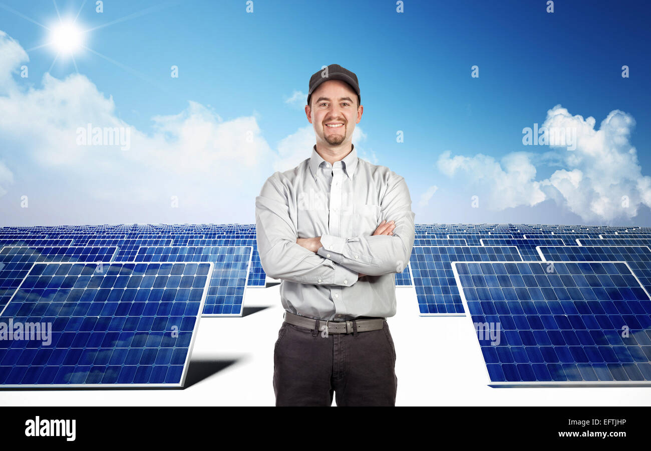 smiling worker and photovoltaic module Stock Photo