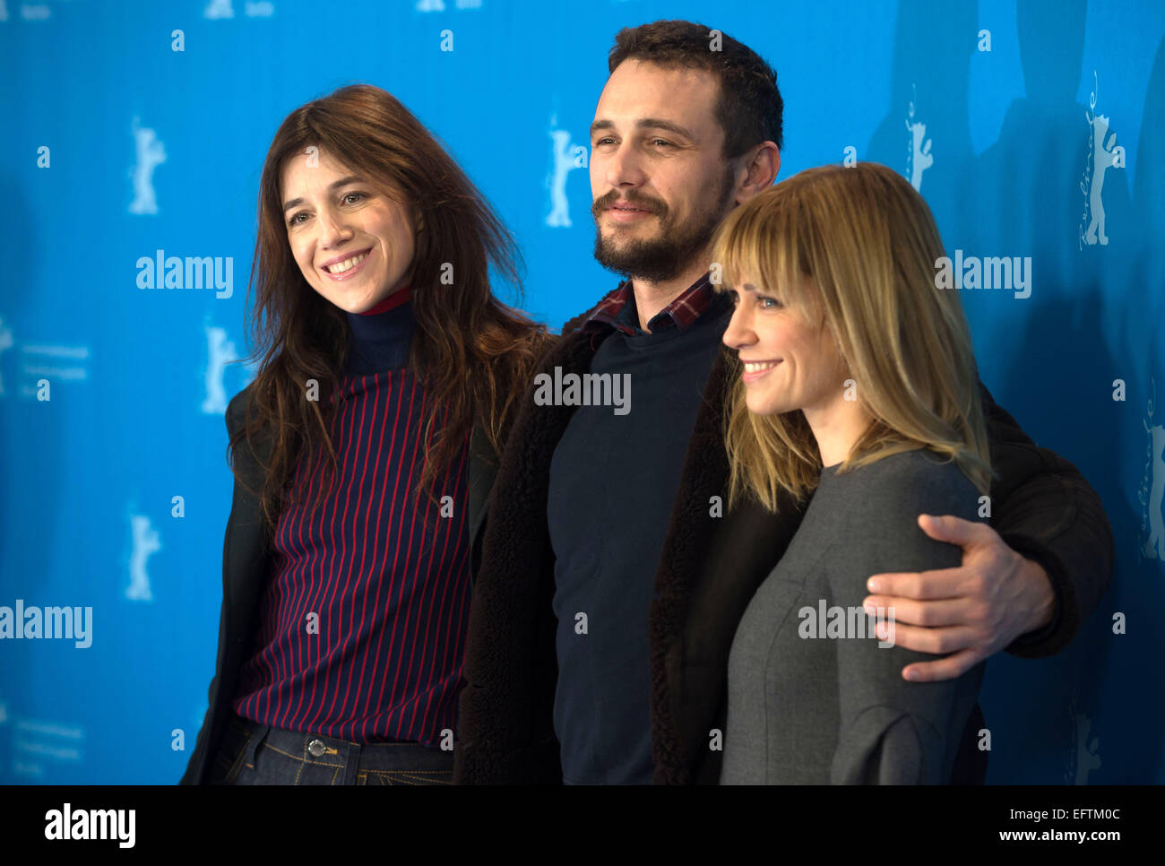 Berlin, Germany. 10th Feb, 2015. French actor Charlotte Gainsbourg (L-R), US actor James Franco, and Canadian actor Marie-Josee Croze pose during a photocall for the film 'Everything Will Be Fine' during the 65th International Film Festival in Berlin, Germany, 10 February 2015. The Berlinale takes place from 05 to 15 February 2015. Photo: TIM BRAKEMEIER/dpa/Alamy Live News Stock Photo