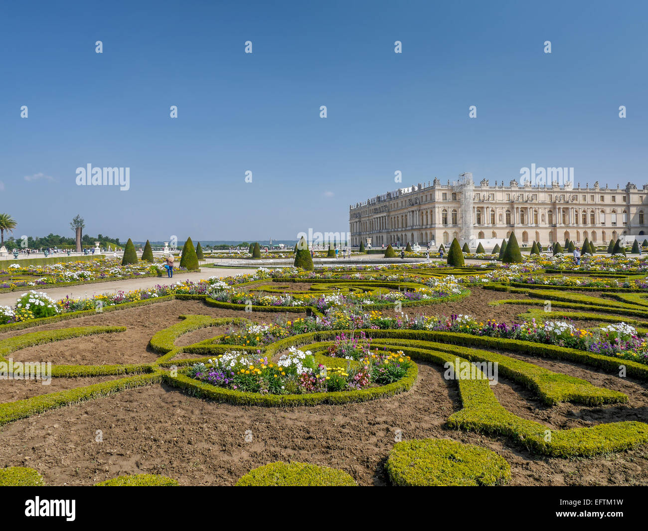 Fancy flowerbed in Versailles garden with Versailles Palace in the background, Versailles, France Stock Photo