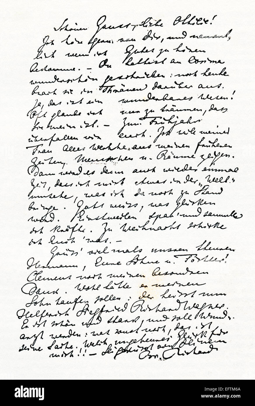 Handwriting sample from a letter written by Richard Wagner.  Wilhelm Richard Wagner, 1813 – 1883.  German composer. Stock Photo