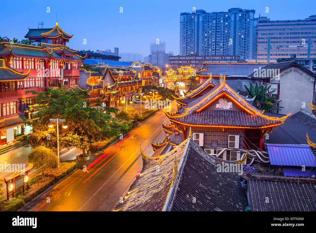 Chengdu, China cityscape over Qintai Road historic district. Stock Photo