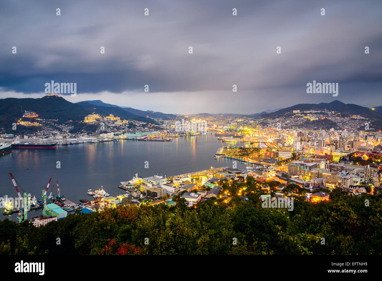 Nagasaki, Japan city skyline at the bay. Stock Photo