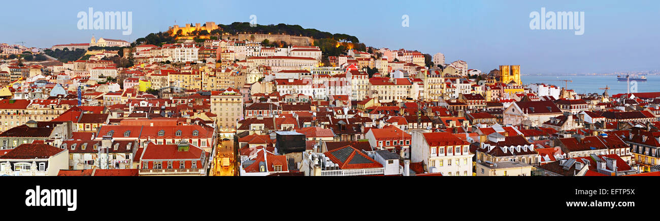 Panorama of Lisbon Old Town at dusk. Portugal Stock Photo