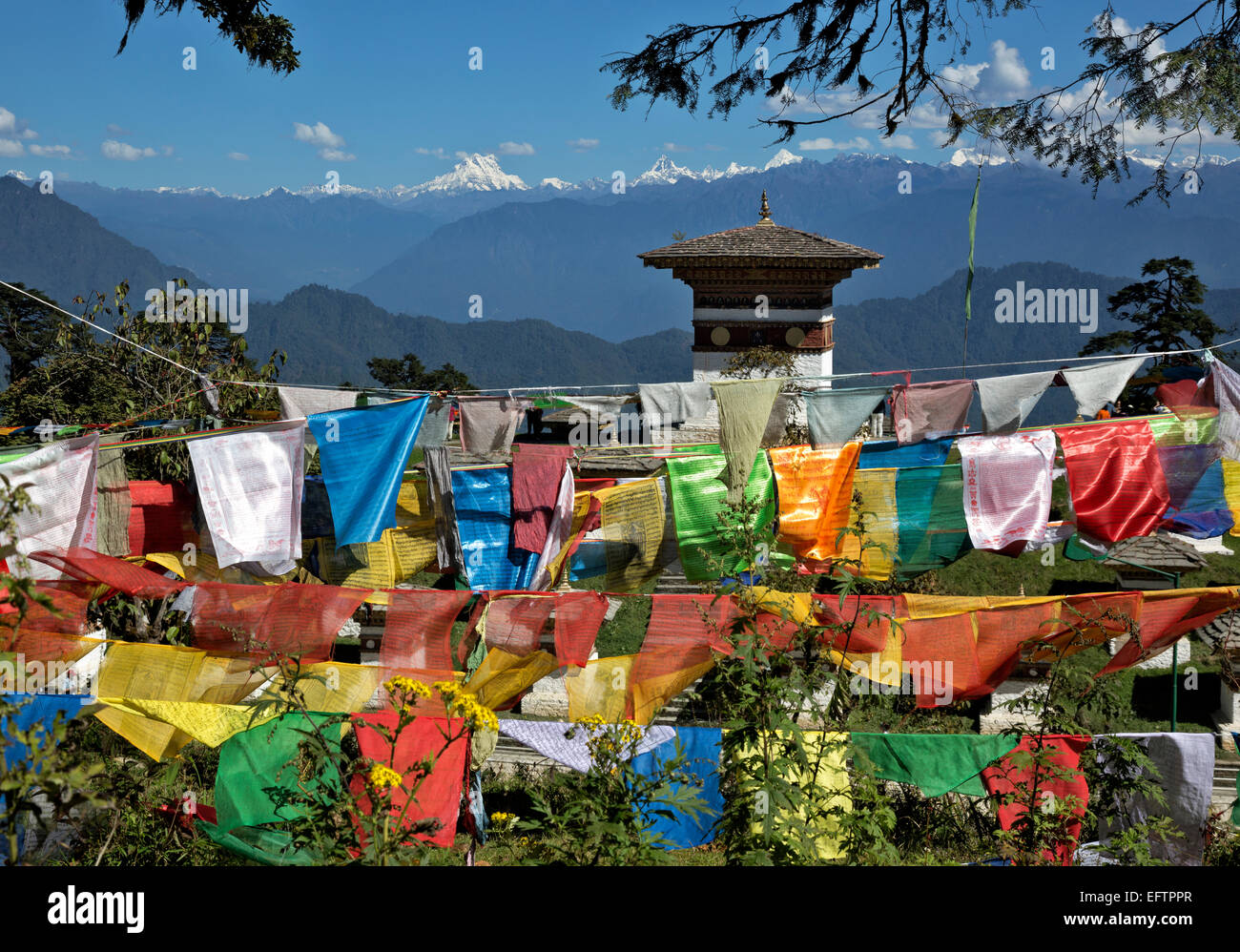 BU00092-00...BHUTAN - Prayer flags and some of the 108 chortens and view of the Bhutanese Himalaya from Dochu La (pass). Stock Photo